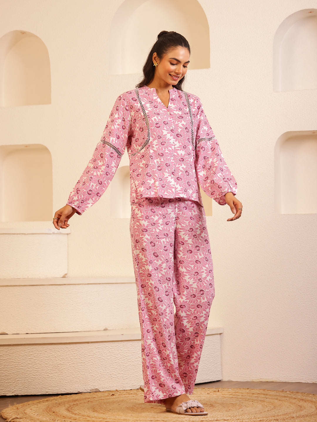 Pink Color Floral Printed Viscose Rayon Night Suit