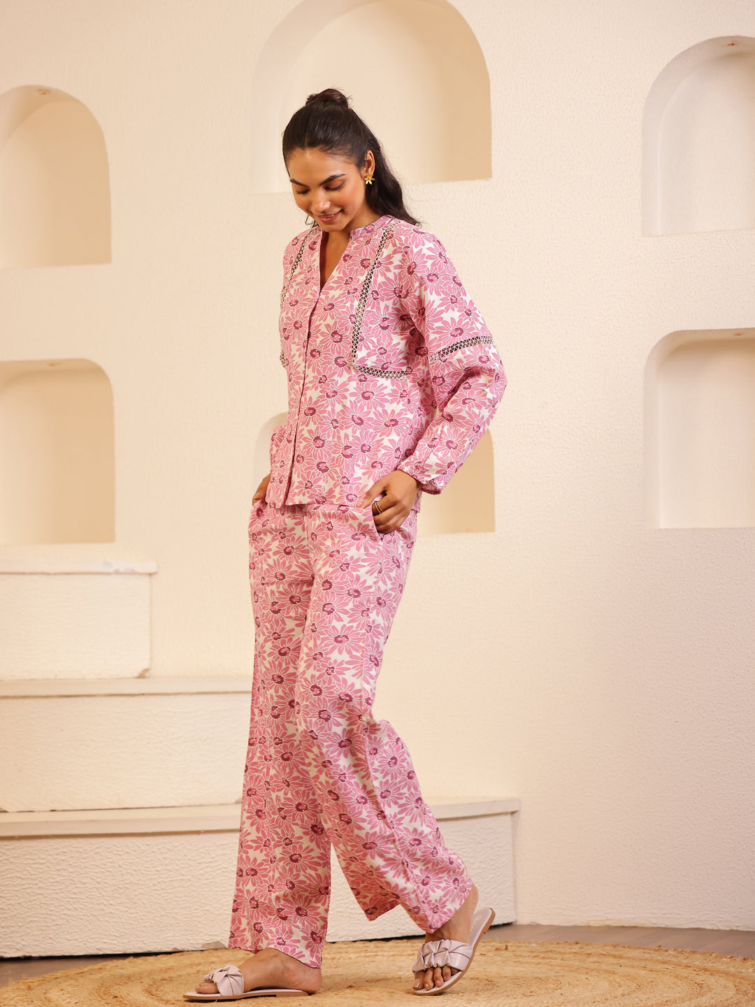 Pink Color Floral Printed Viscose Rayon Night Suit