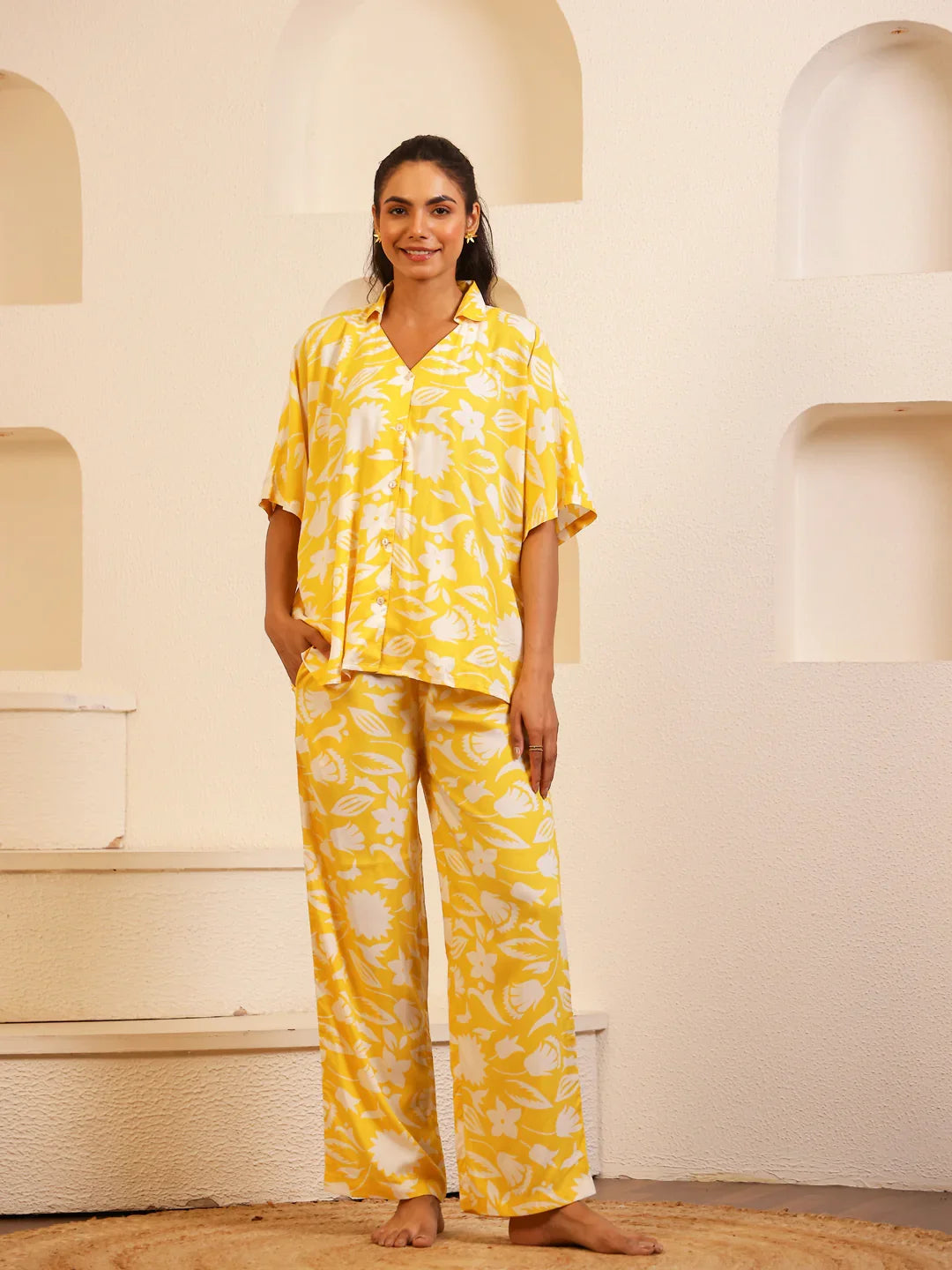Yellow V-Neck Viscose Rayon Floral Night Suit for Women - SanskrutiHomes
