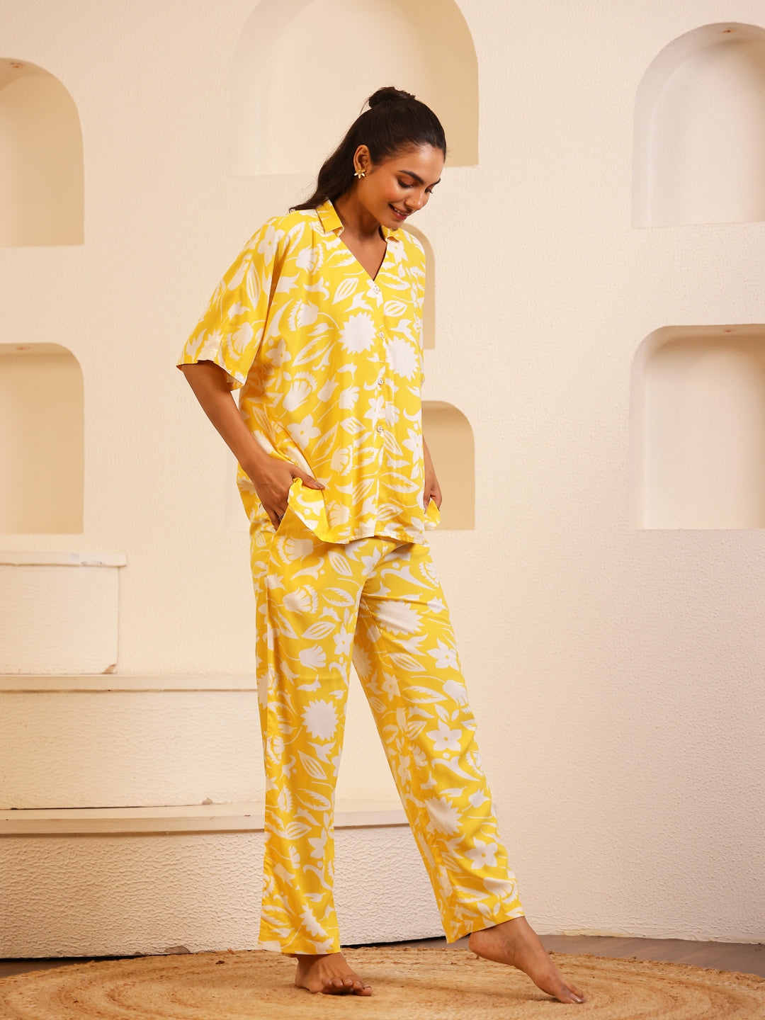 Yellow V-Neck Viscose Rayon Floral Night Suit for Women
