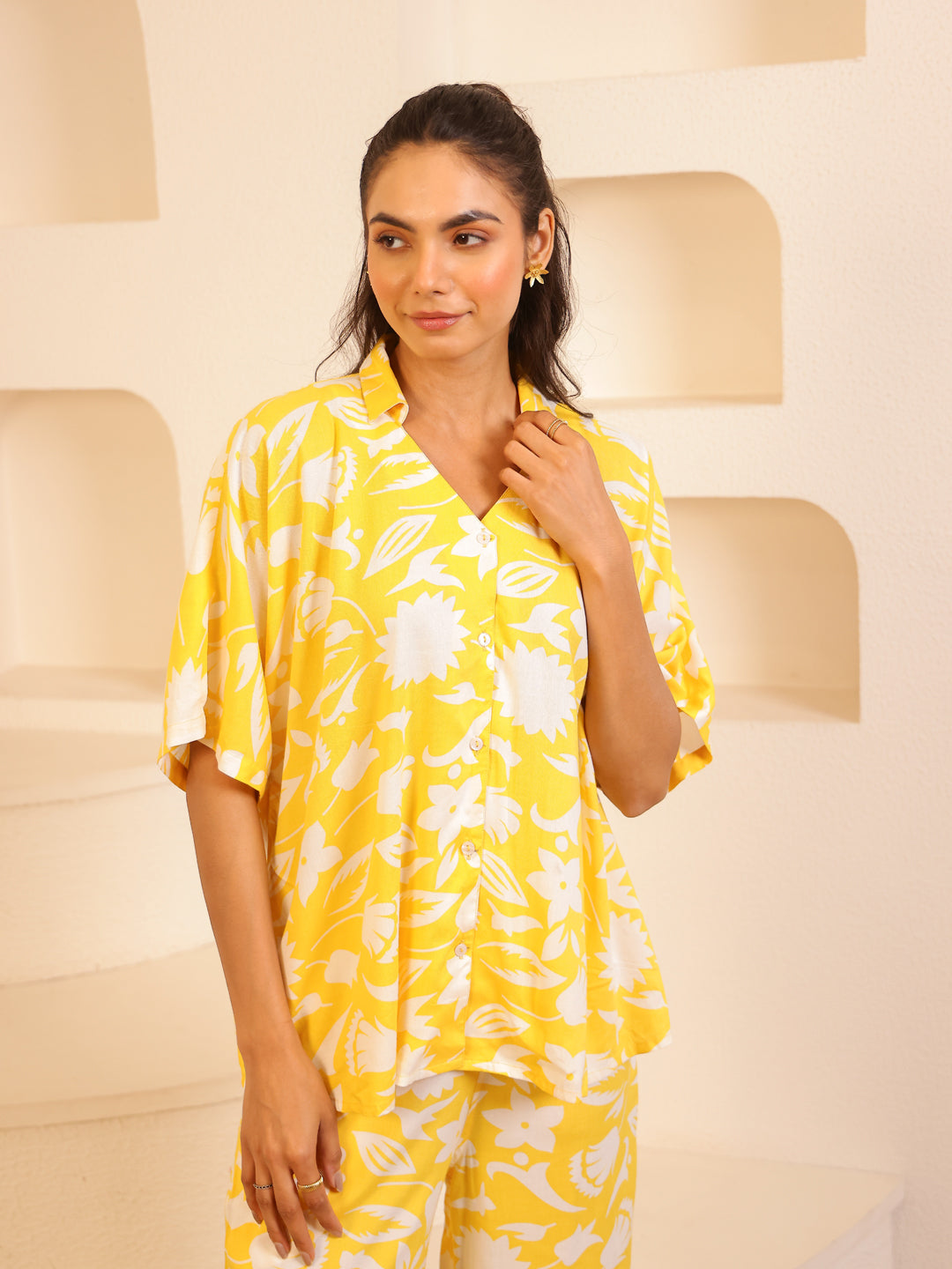 Yellow V-Neck Viscose Rayon Floral Night Suit for Women