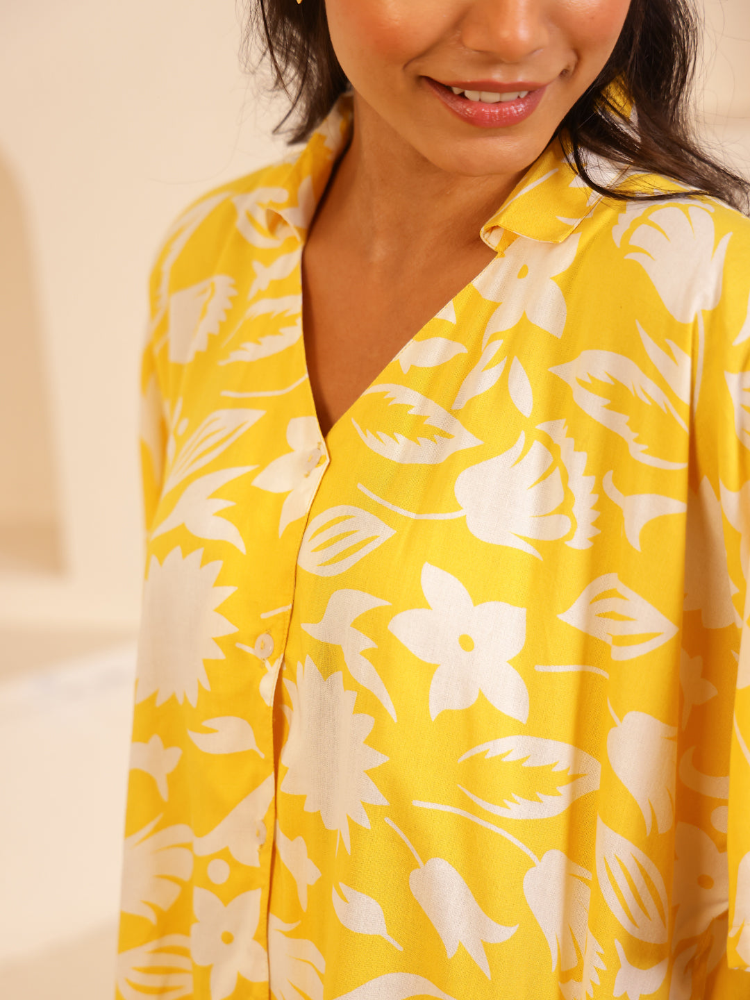 Yellow V-Neck Viscose Rayon Floral Night Suit for Women