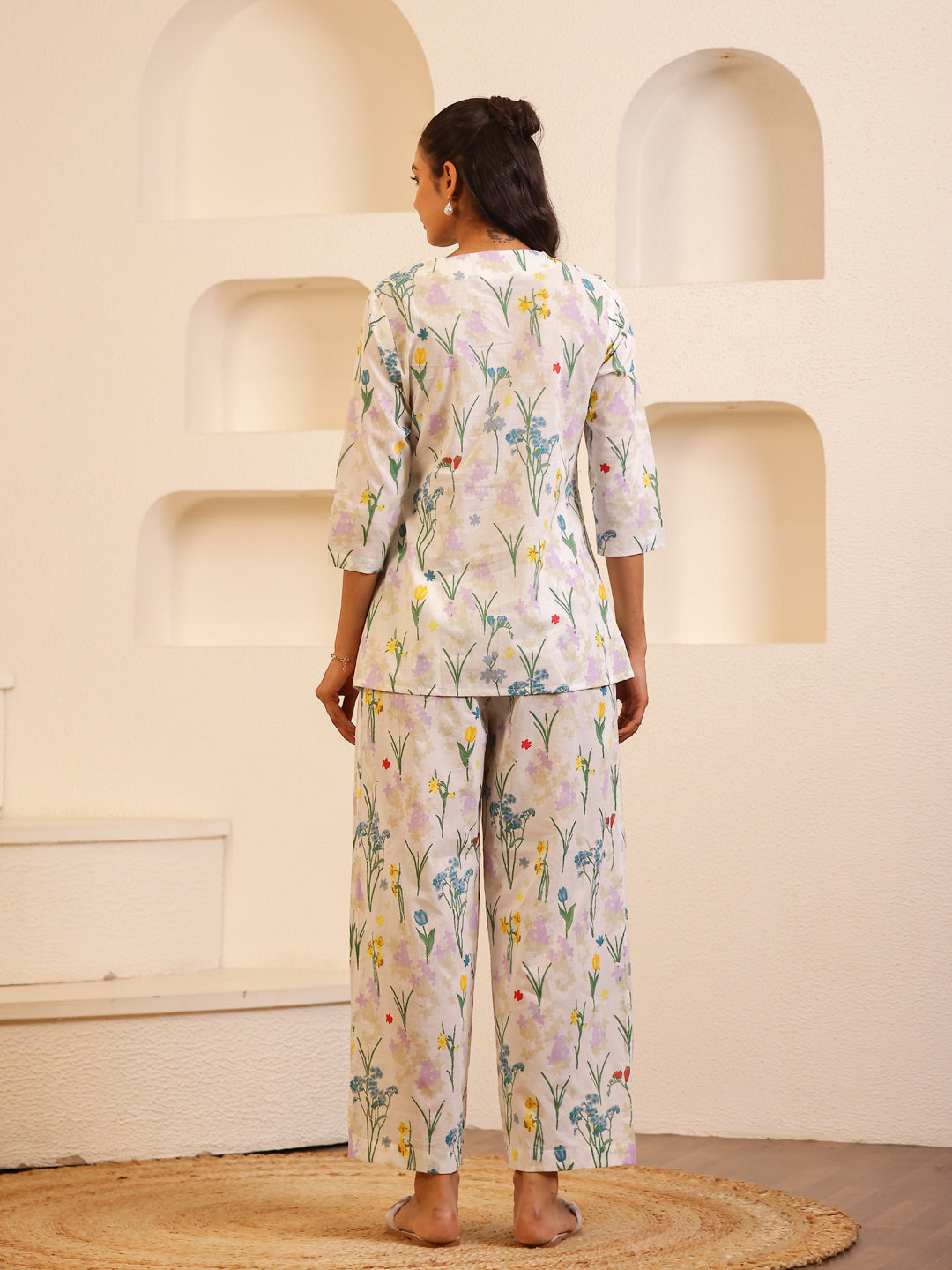 White Round Neck Pure Cotton Printed Co-ords Set for Women