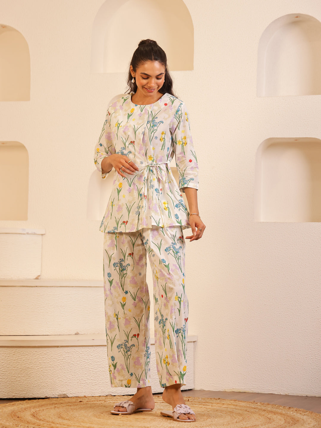 White Round Neck Pure Cotton Printed Co-ords Set for Women