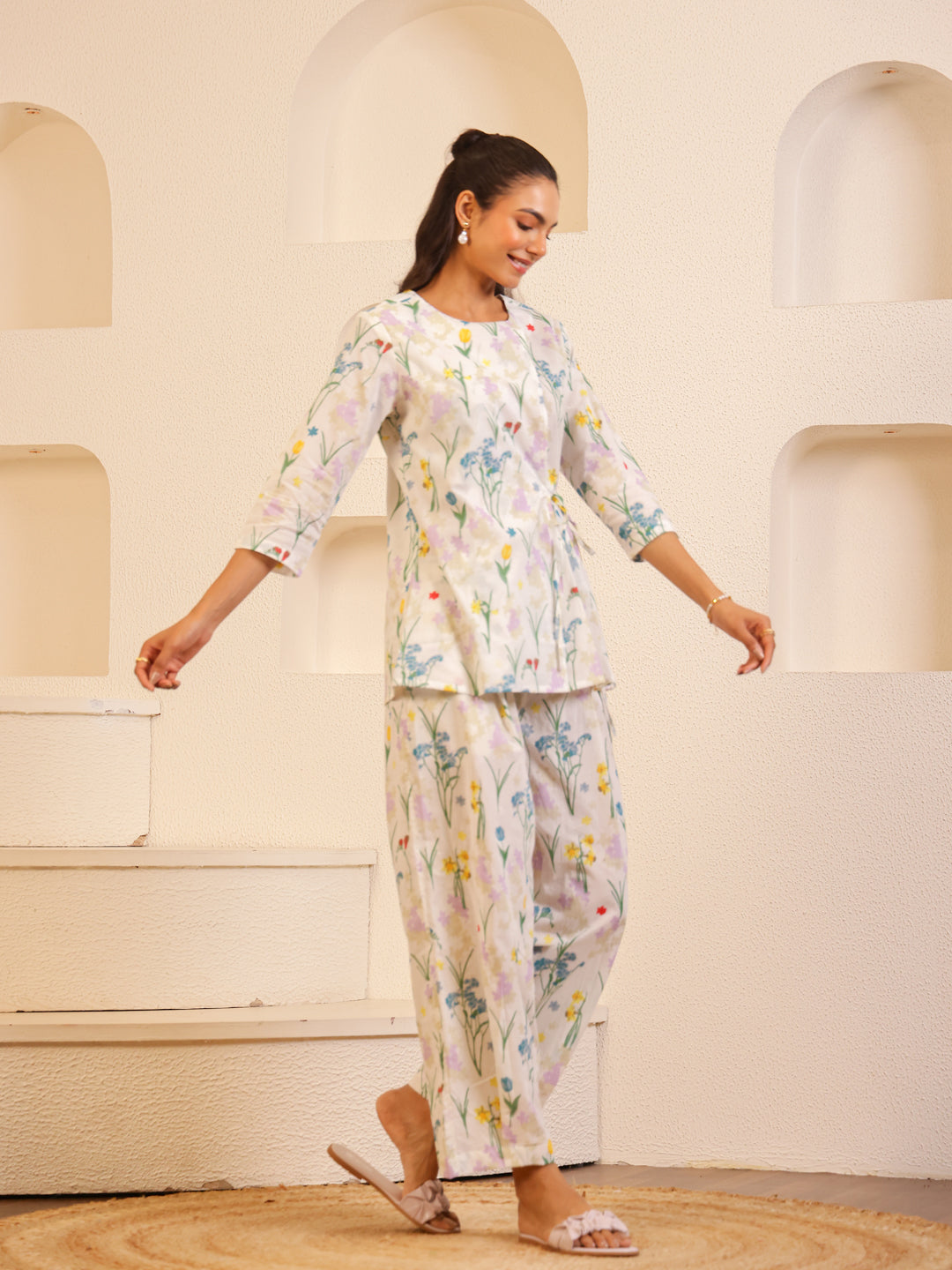 White Round Neck Pure Cotton Printed Co-ords Set for Women