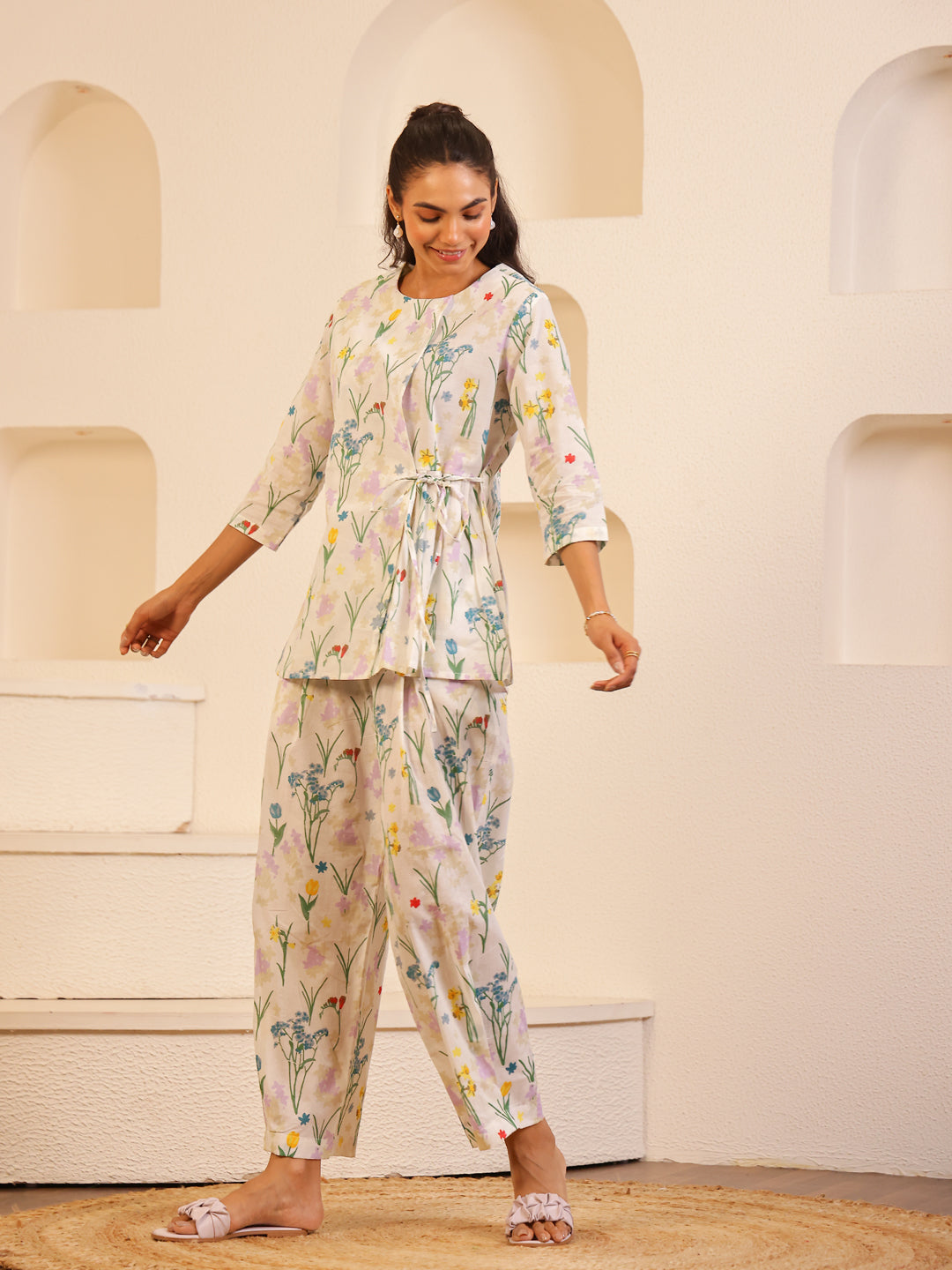 White Round Neck Pure Cotton Printed Co-ords Set for Women