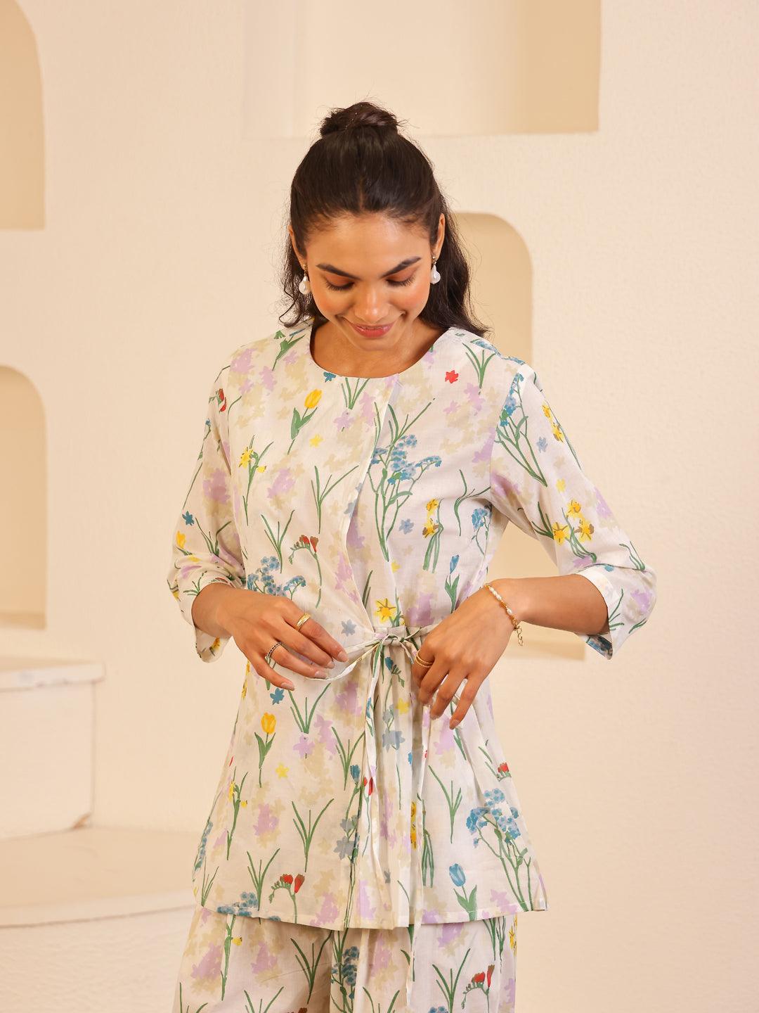 White Round Neck Pure Cotton Printed Co-ords Set for Women