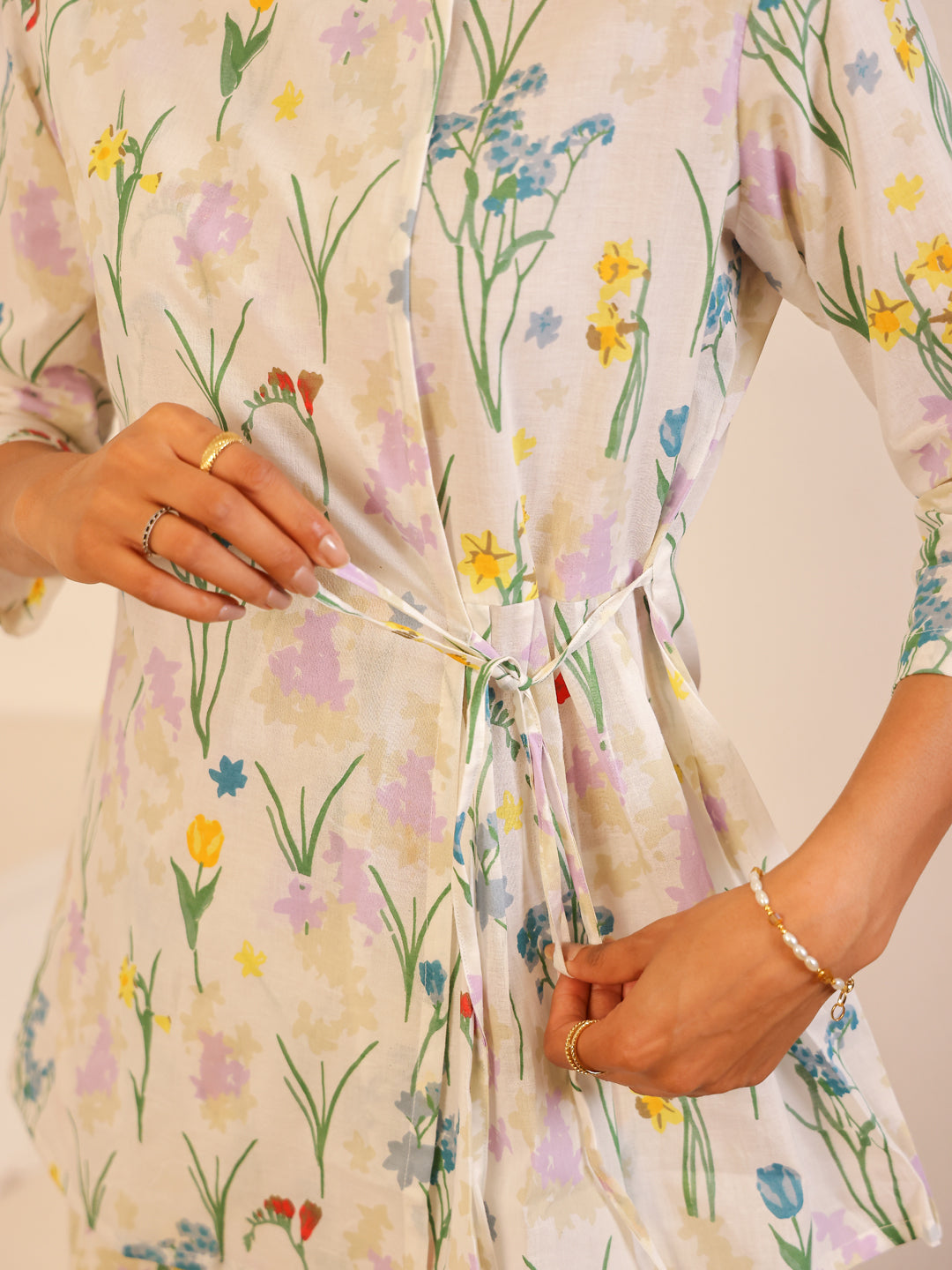 White Round Neck Pure Cotton Printed Co-ords Set for Women