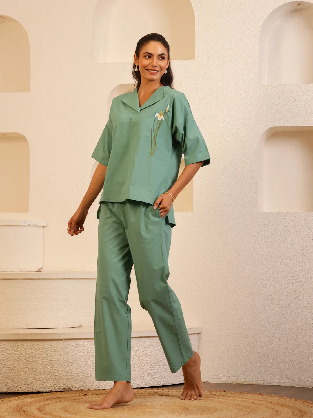 Sea Green Color Solid Pure Cotton Night Suit - SanskrutiHomes