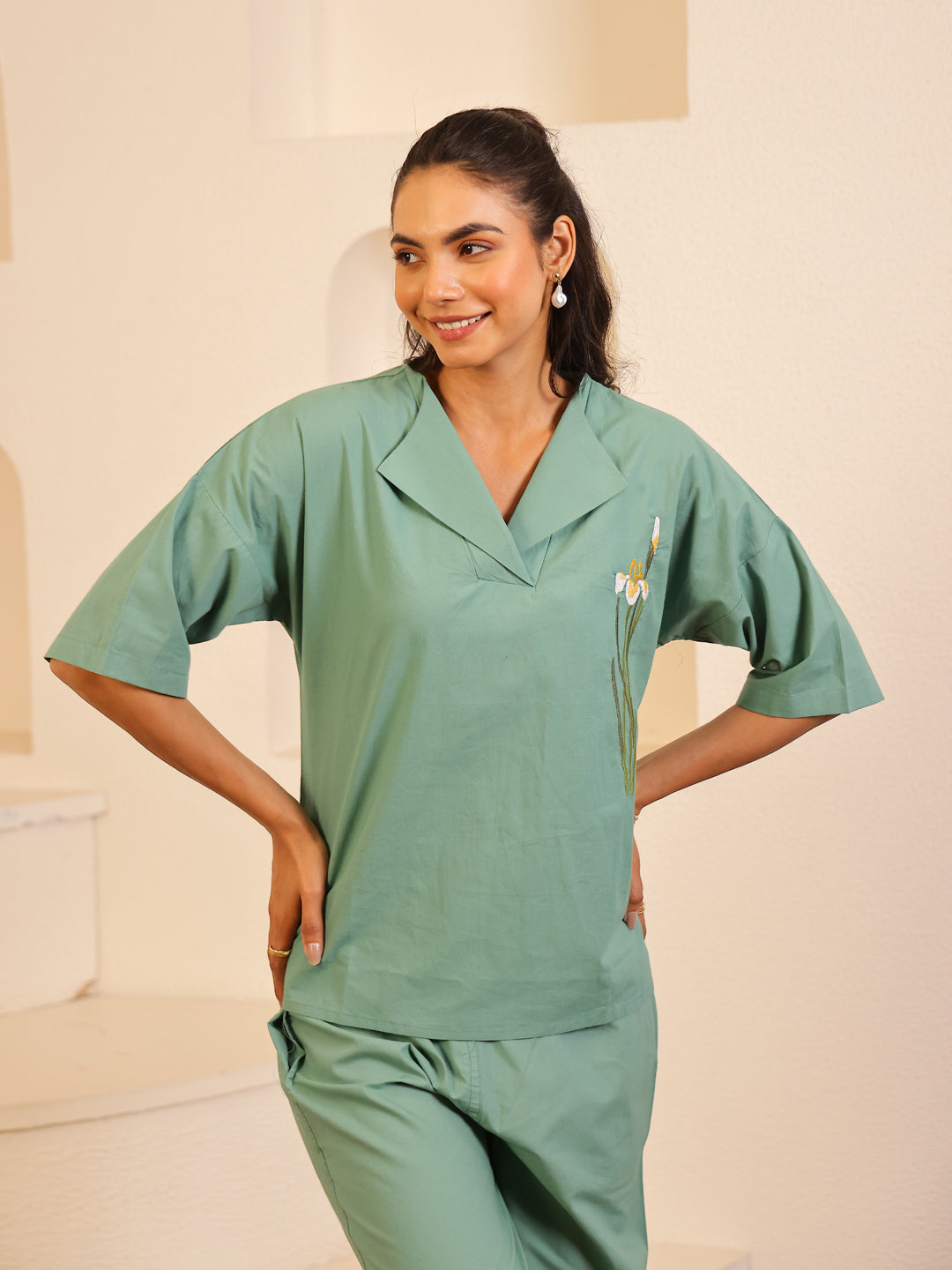 Sea Green Color Solid Pure Cotton Night Suit