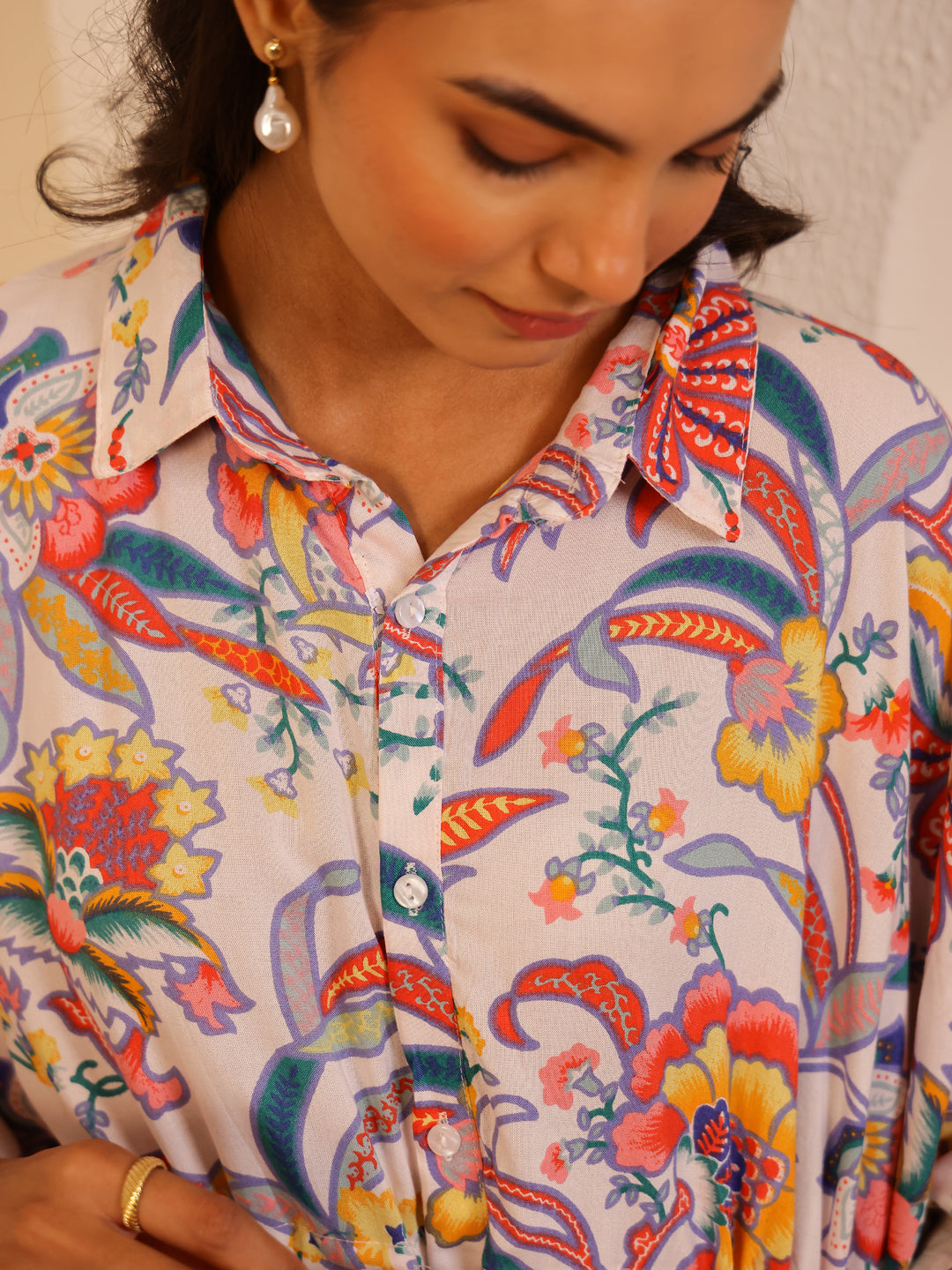 Off White Color Floral Printed Pure Cotton Night Suit