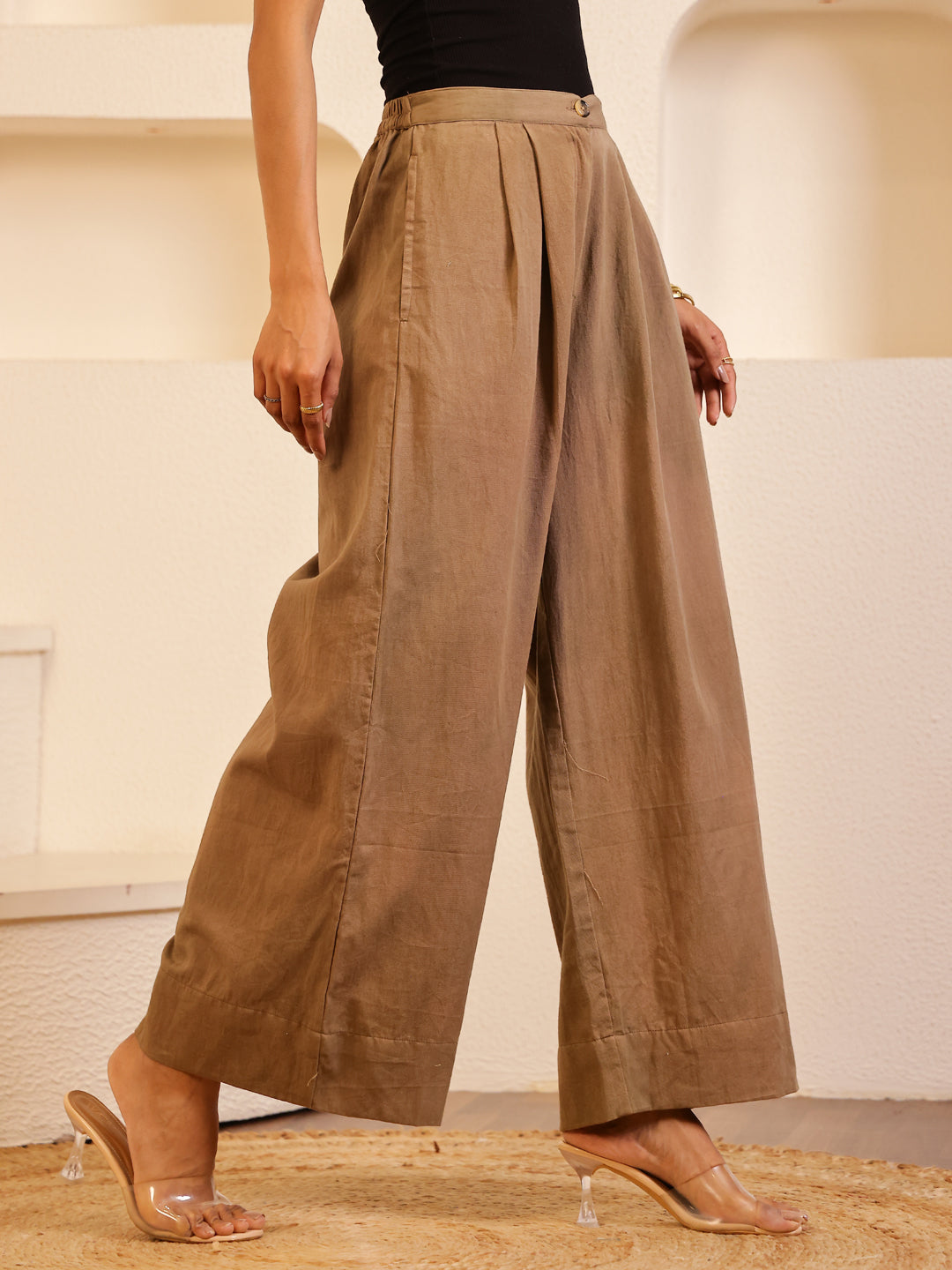 Brown Cotton Blend Solid Lounge Pants for Women - SanskrutiHomes