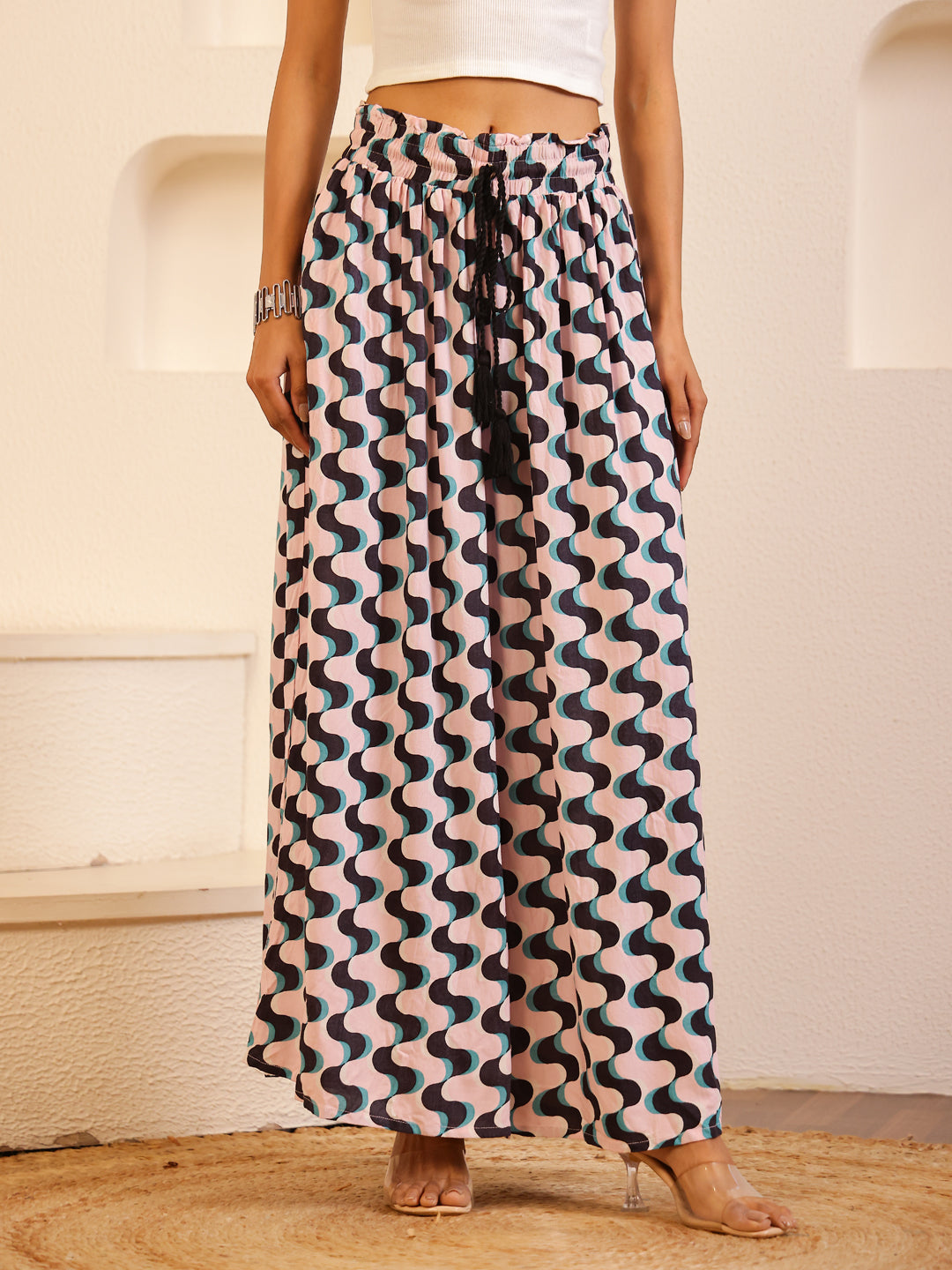 White Color Viscose Rayon Printed pant for women