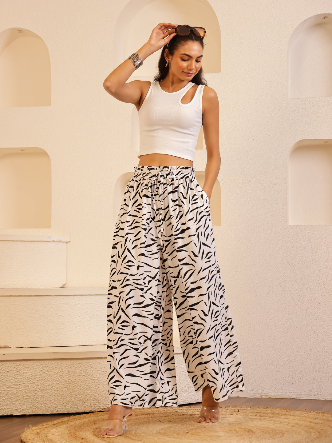 White Color Viscose Rayon Printed pant for women