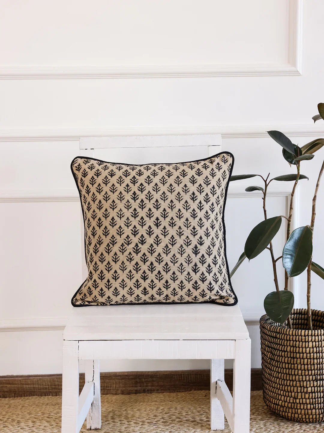 Floral Black Printed Cushion Cover - SanskrutiHomes