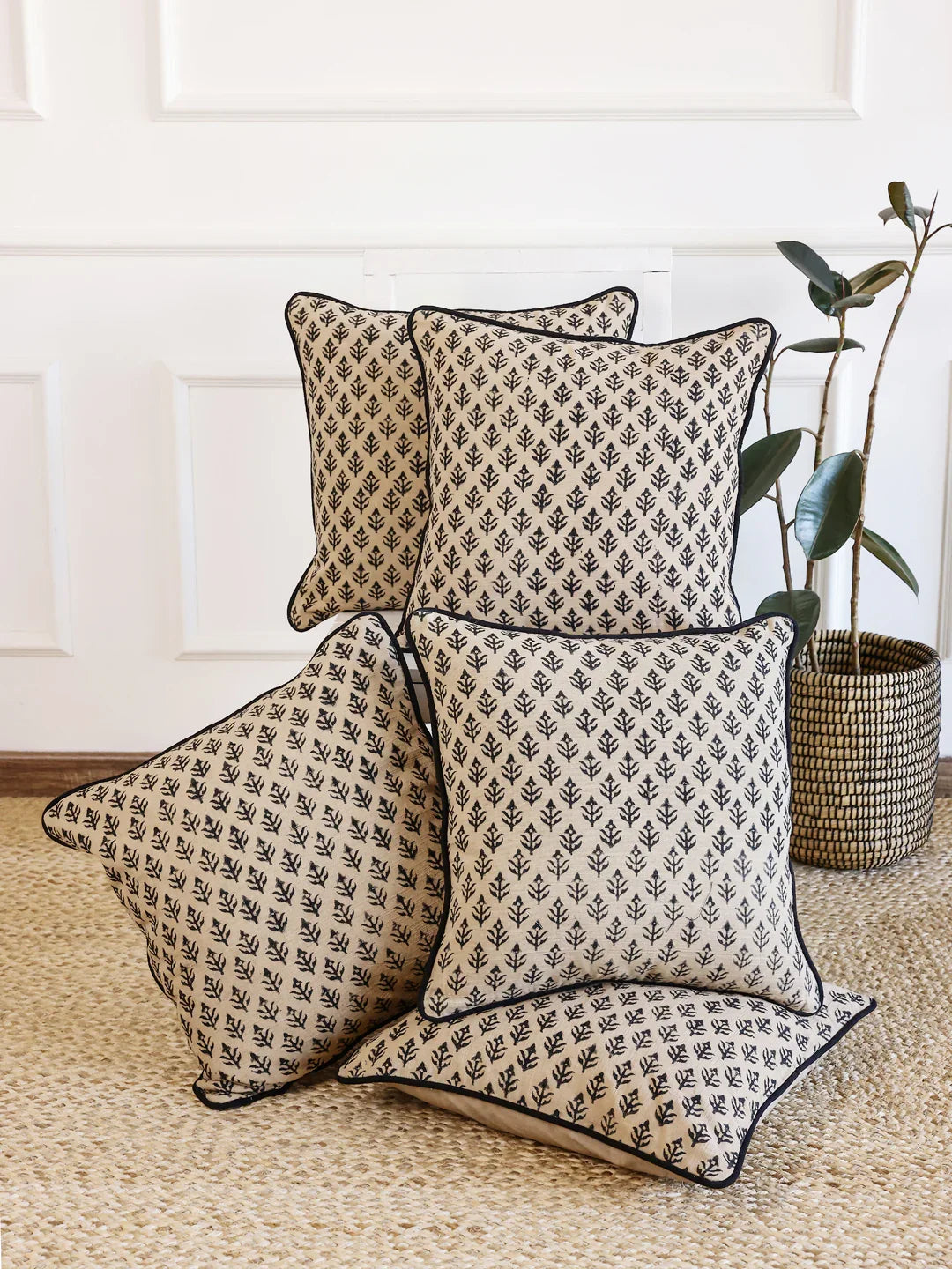 Floral Black Printed Cushion Cover - SanskrutiHomes