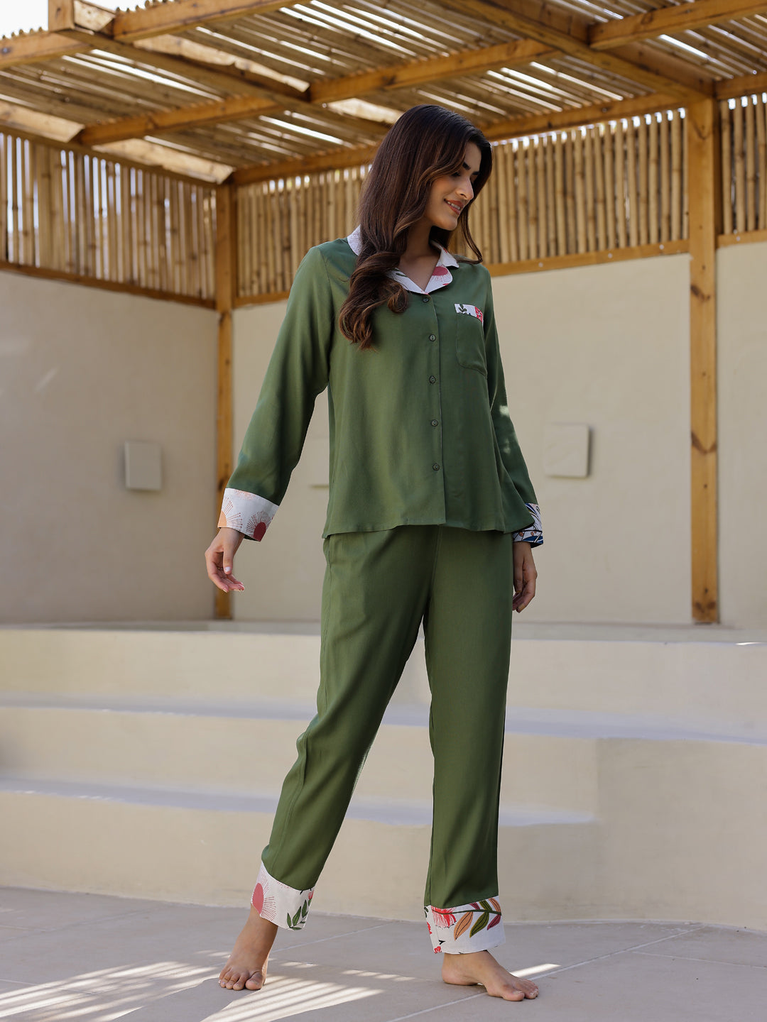 Green Solid Night Wear Set - SanskrutiHomes
