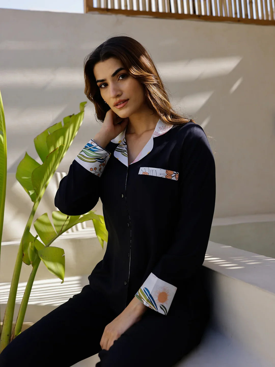 Black Solid Night Suit Set - SanskrutiHomes