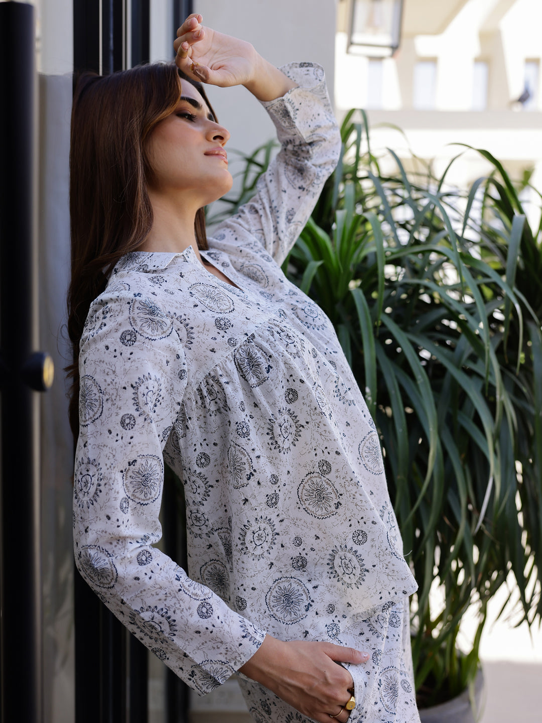 White & Grey Printed Loungewear Set - SanskrutiHomes