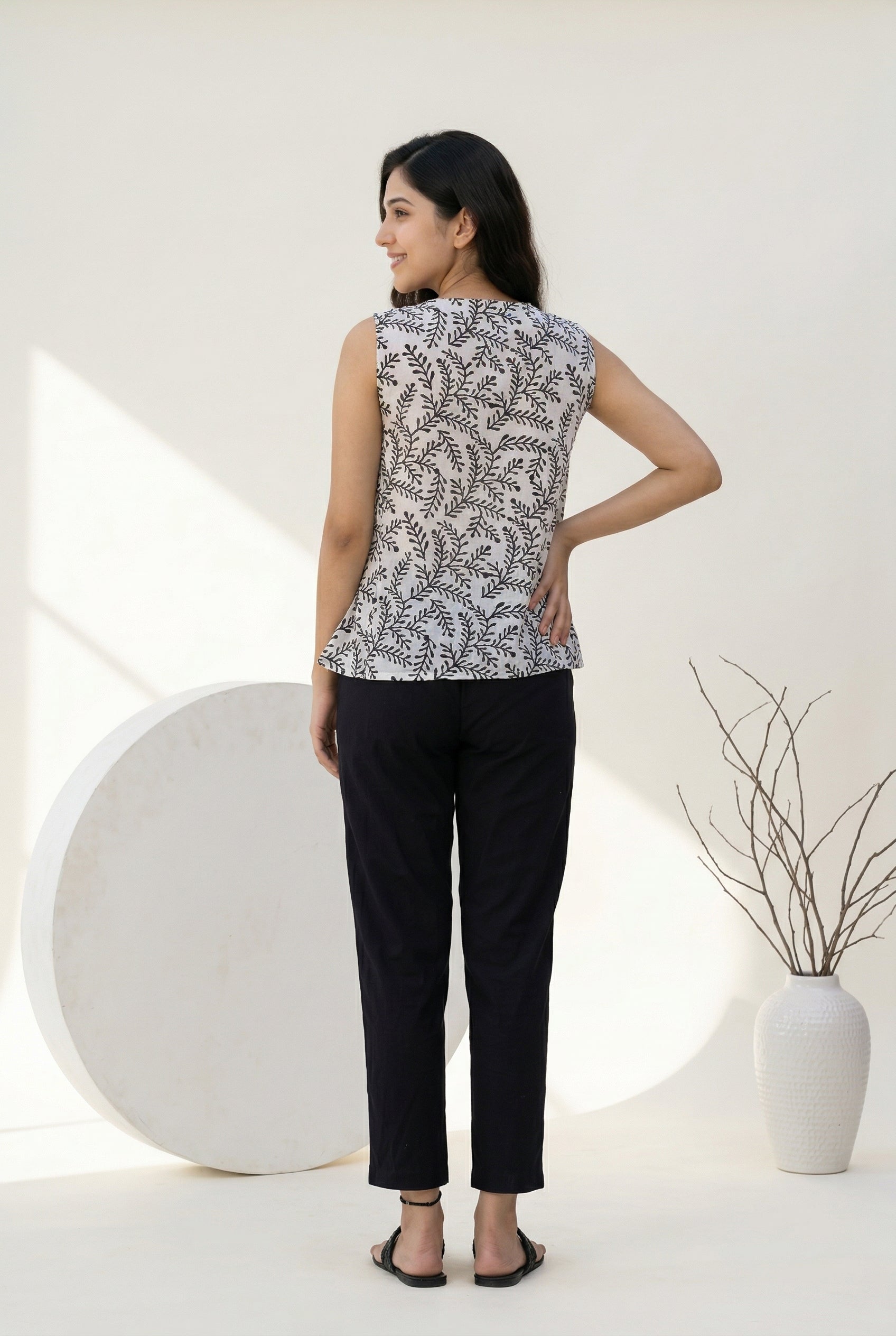 White V-Neck Motif Print Cotton Night Suit For Women