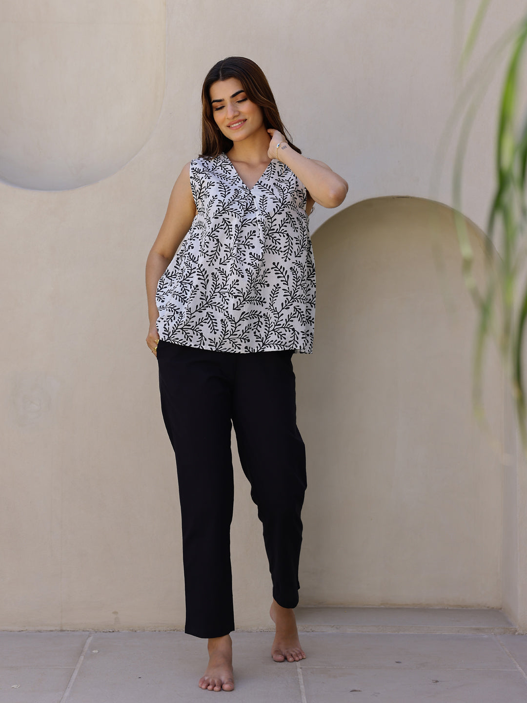 White Cotton Cut Sleeves Loungewear Set - SanskrutiHomes