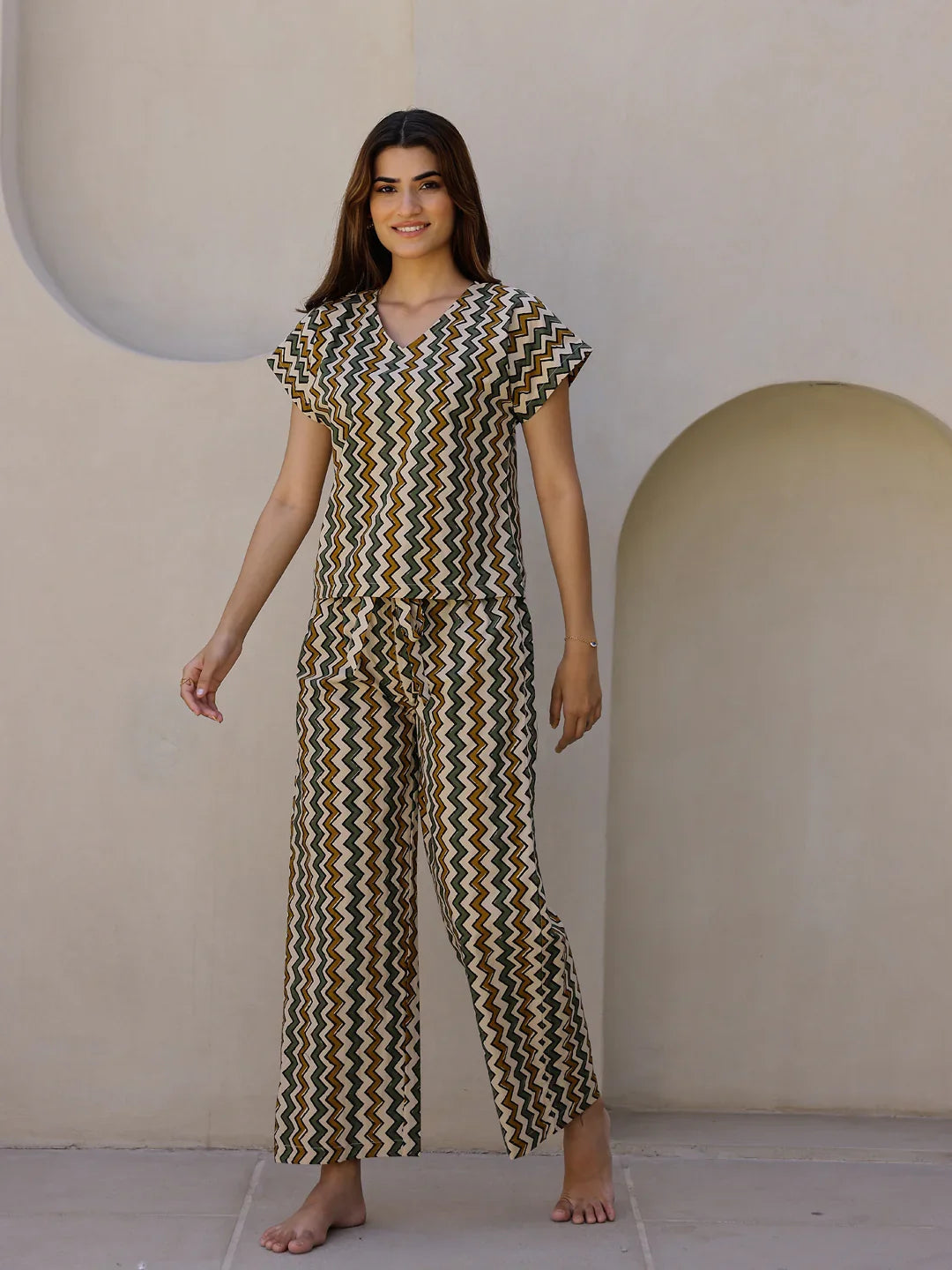 Beige Printed Loungewear Set - SanskrutiHomes