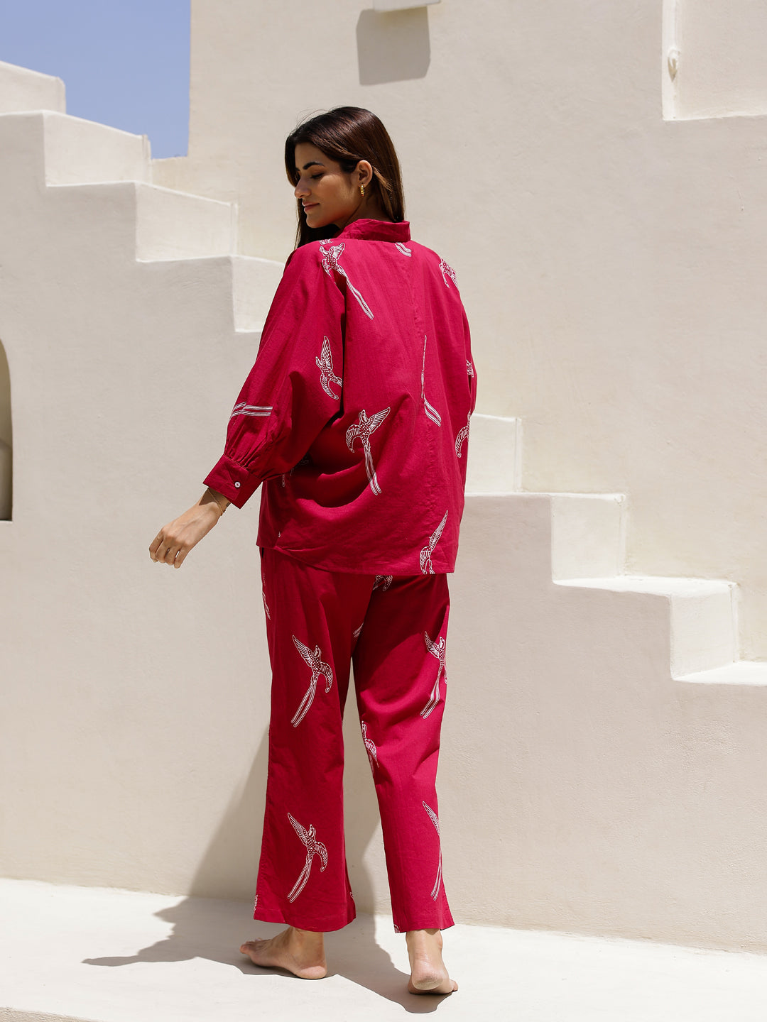 Red Eagle Printed Cotton Shirt Collar Night Suit for Women