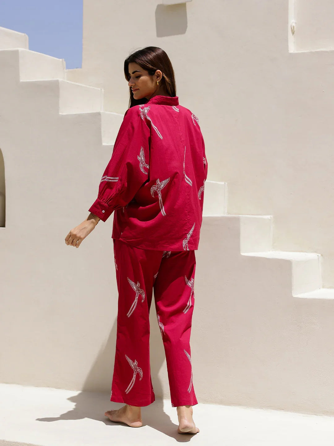 Red Eagle Printed Cotton Shirt Collar Night Suit for Women - SanskrutiHomes