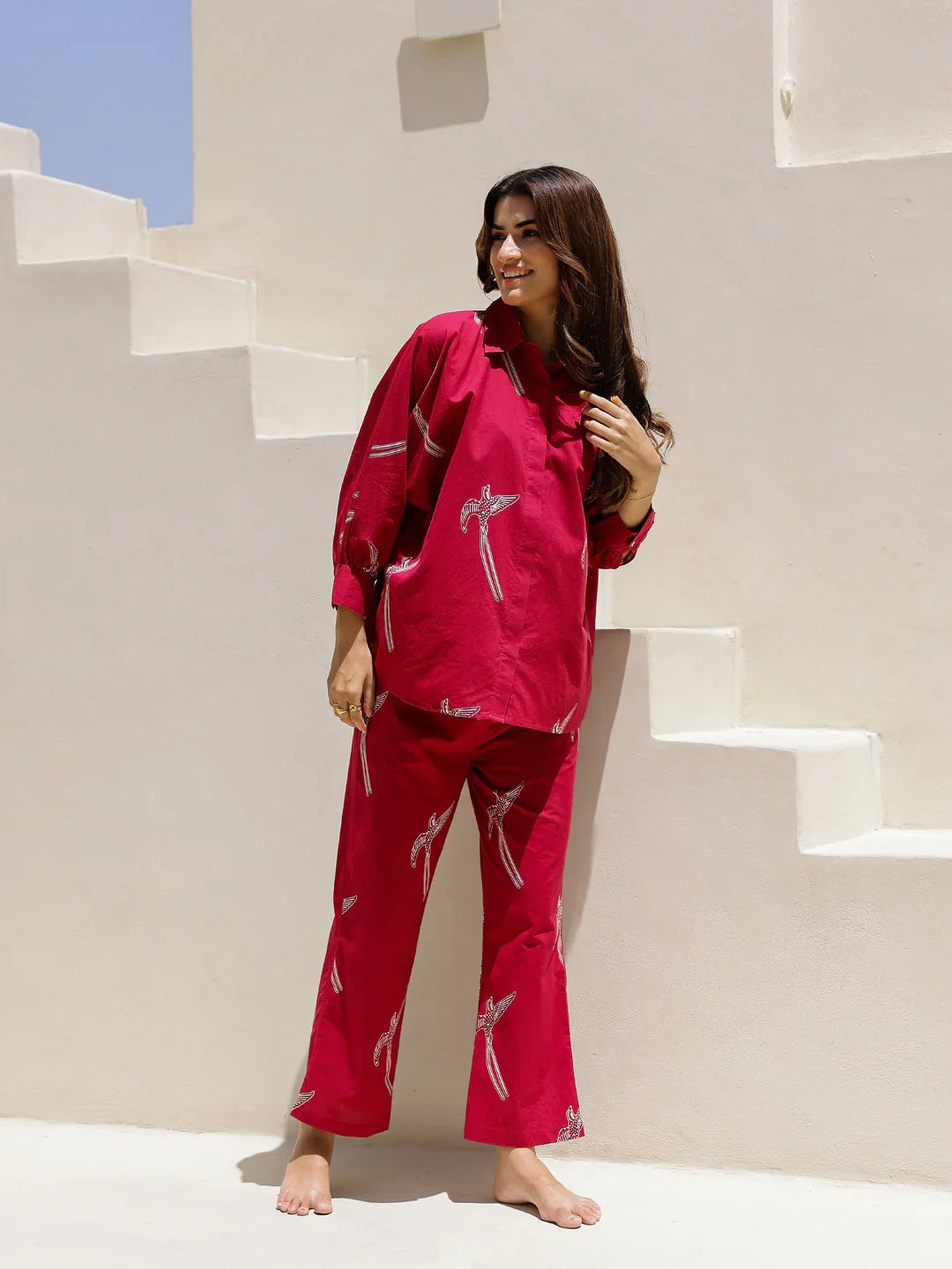 Red Eagle Printed Cotton Shirt Collar Night Suit for Women - SanskrutiHomes