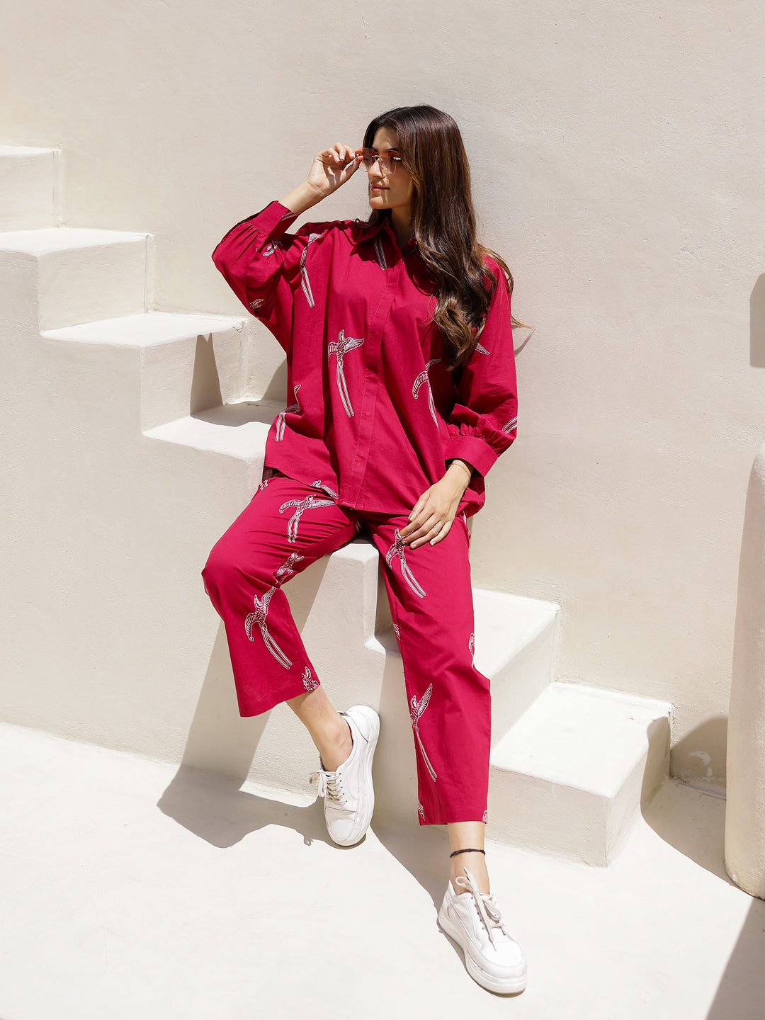 Red Eagle Printed Cotton Shirt Collar Night Suit for Women