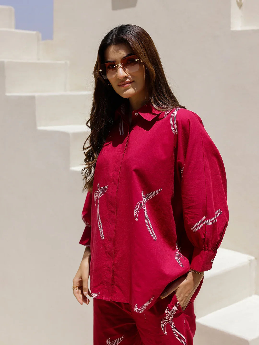 Red Eagle Printed Cotton Shirt Collar Night Suit for Women - SanskrutiHomes