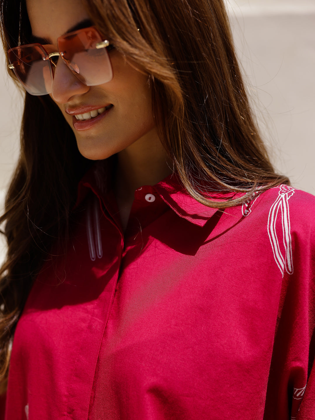 Red Eagle Printed Cotton Shirt Collar Night Suit for Women