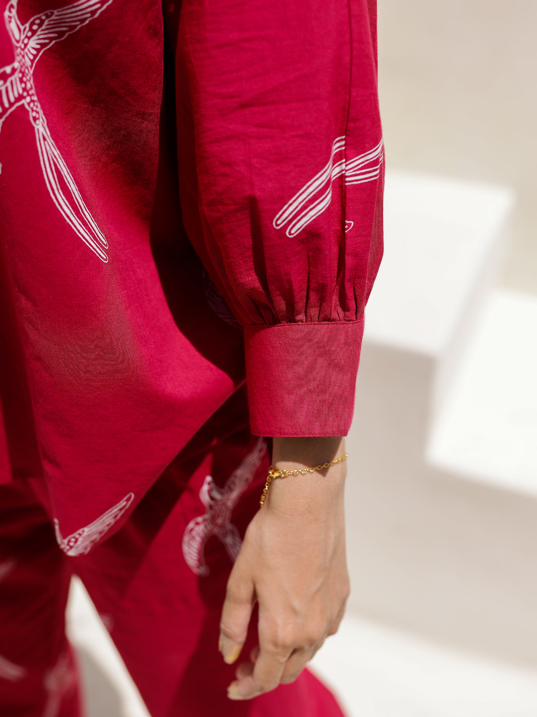 Red Eagle Printed Cotton Shirt Collar Night Suit for Women