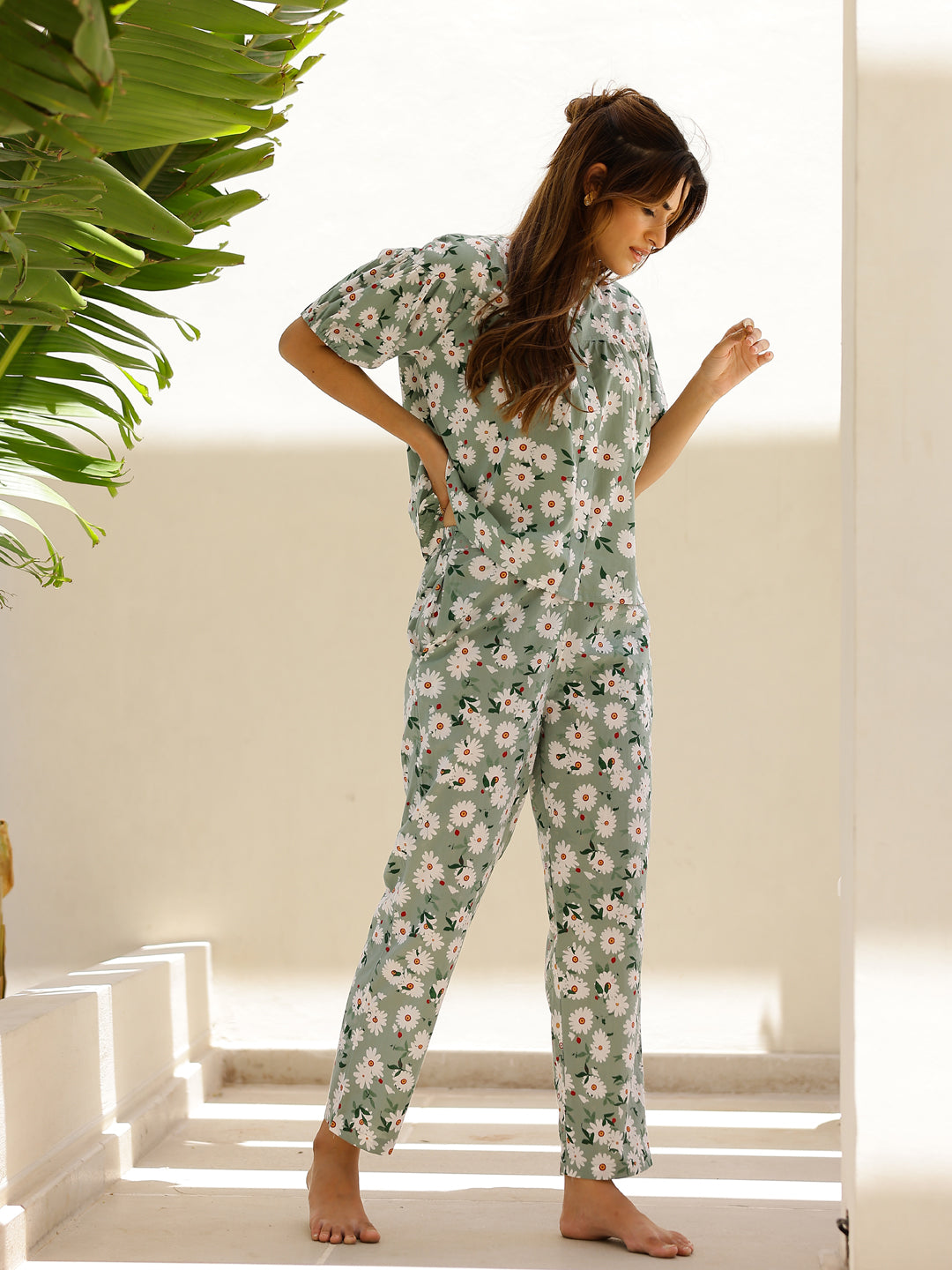 Green & White Flower Printed Loungewear Set - SanskrutiHomes