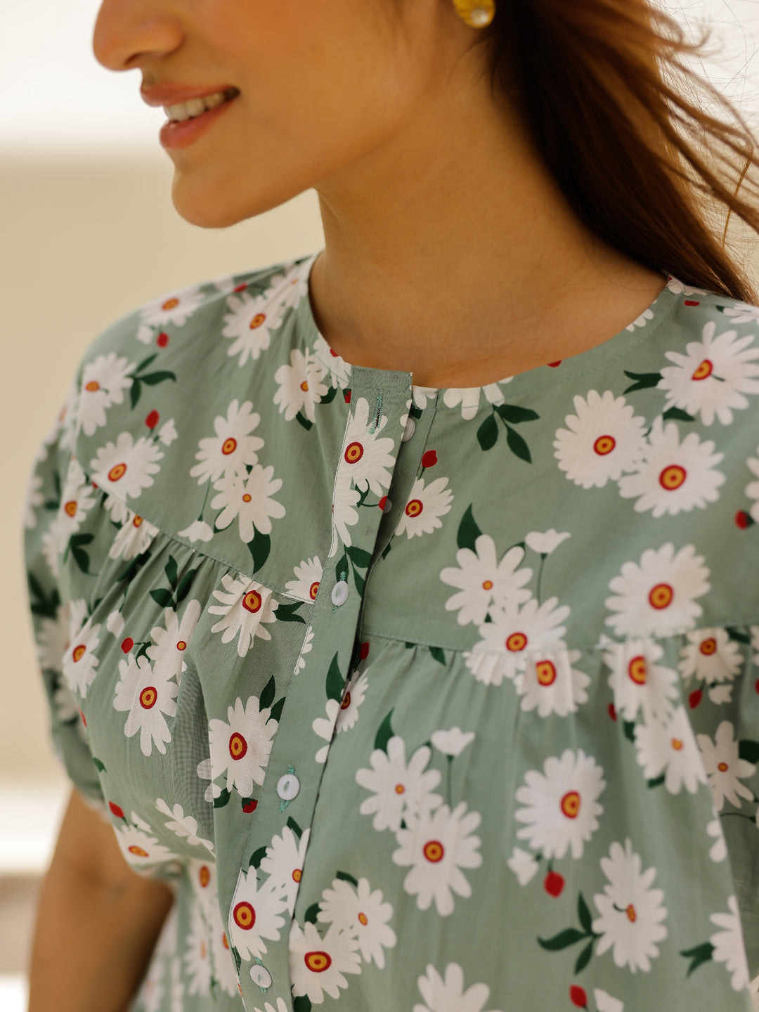 Green & White Flower Printed Loungewear Set