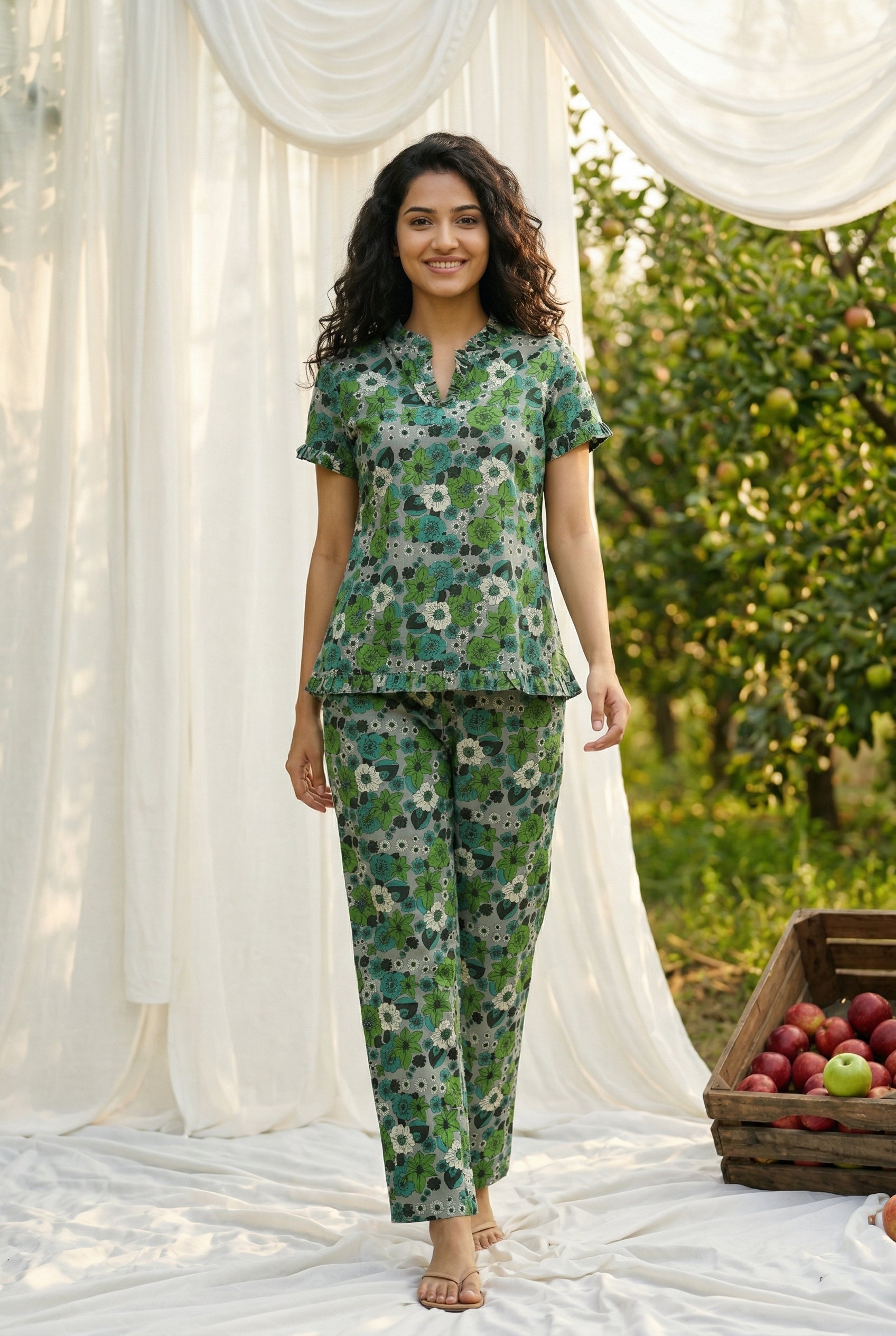Multi Color Floral Print Pure Cotton Night Suit For Women