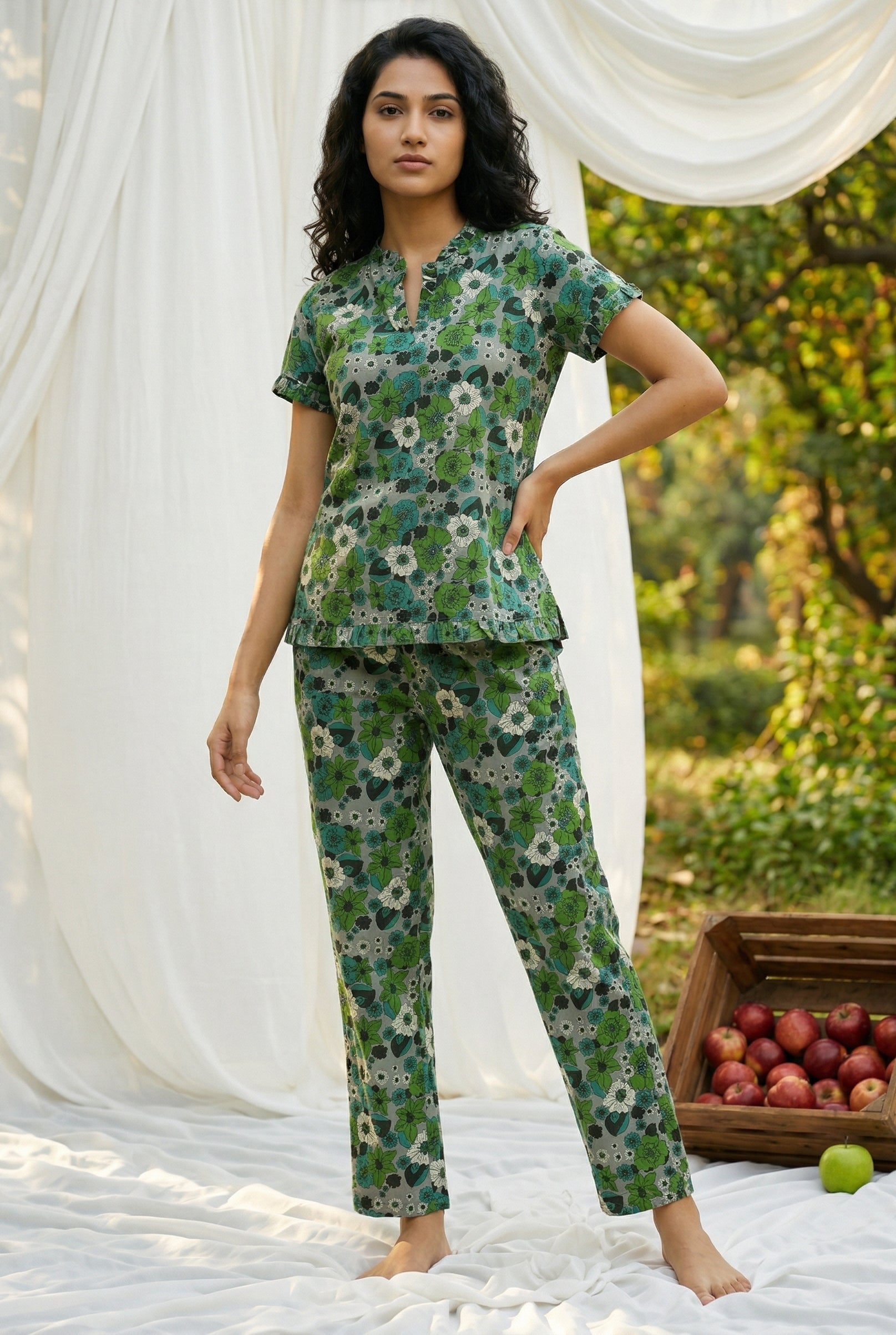 Multi Color Floral Print Pure Cotton Night Suit For Women