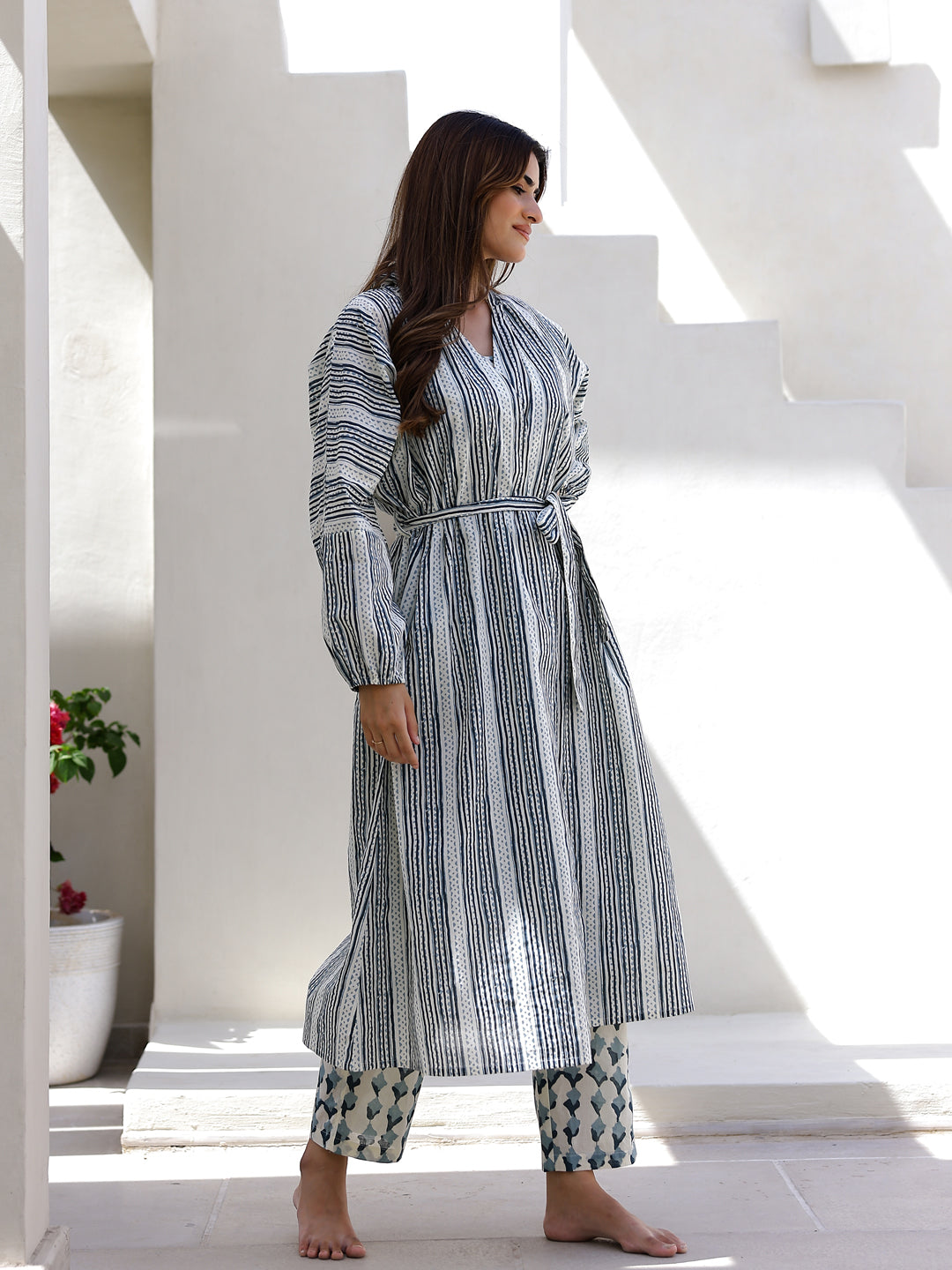 Blue & White 3 Piece Robe Loungewear Set
