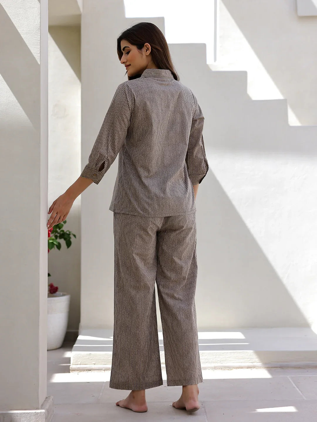 Beige Stripes Night Suit Set for Women - SanskrutiHomes