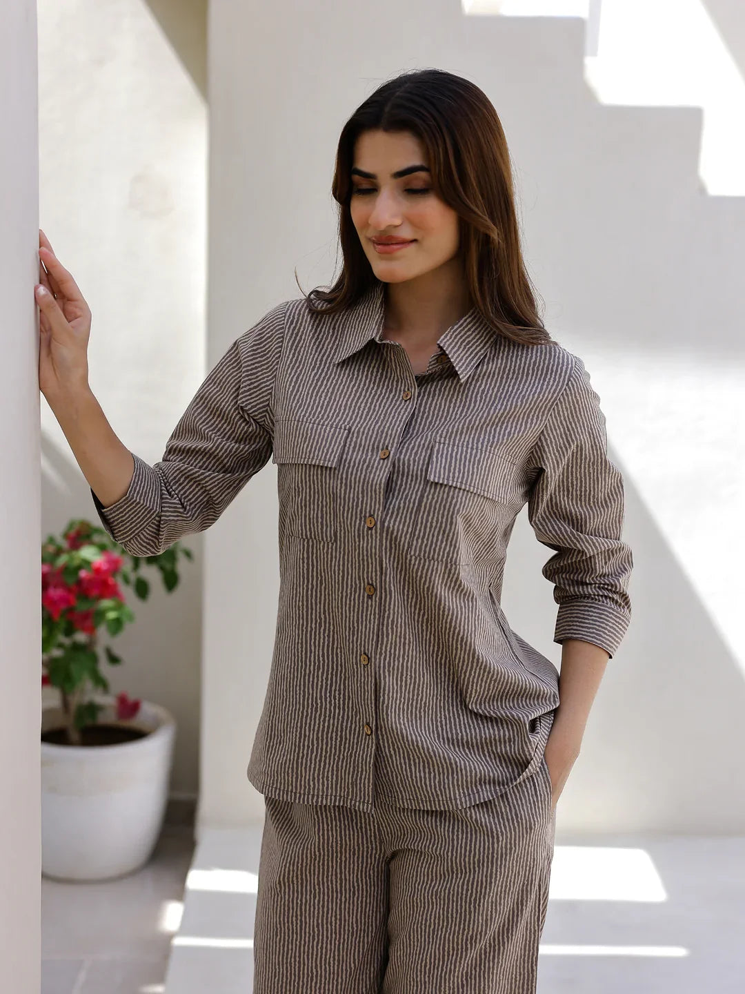 Beige Stripes Night Suit Set for Women - SanskrutiHomes