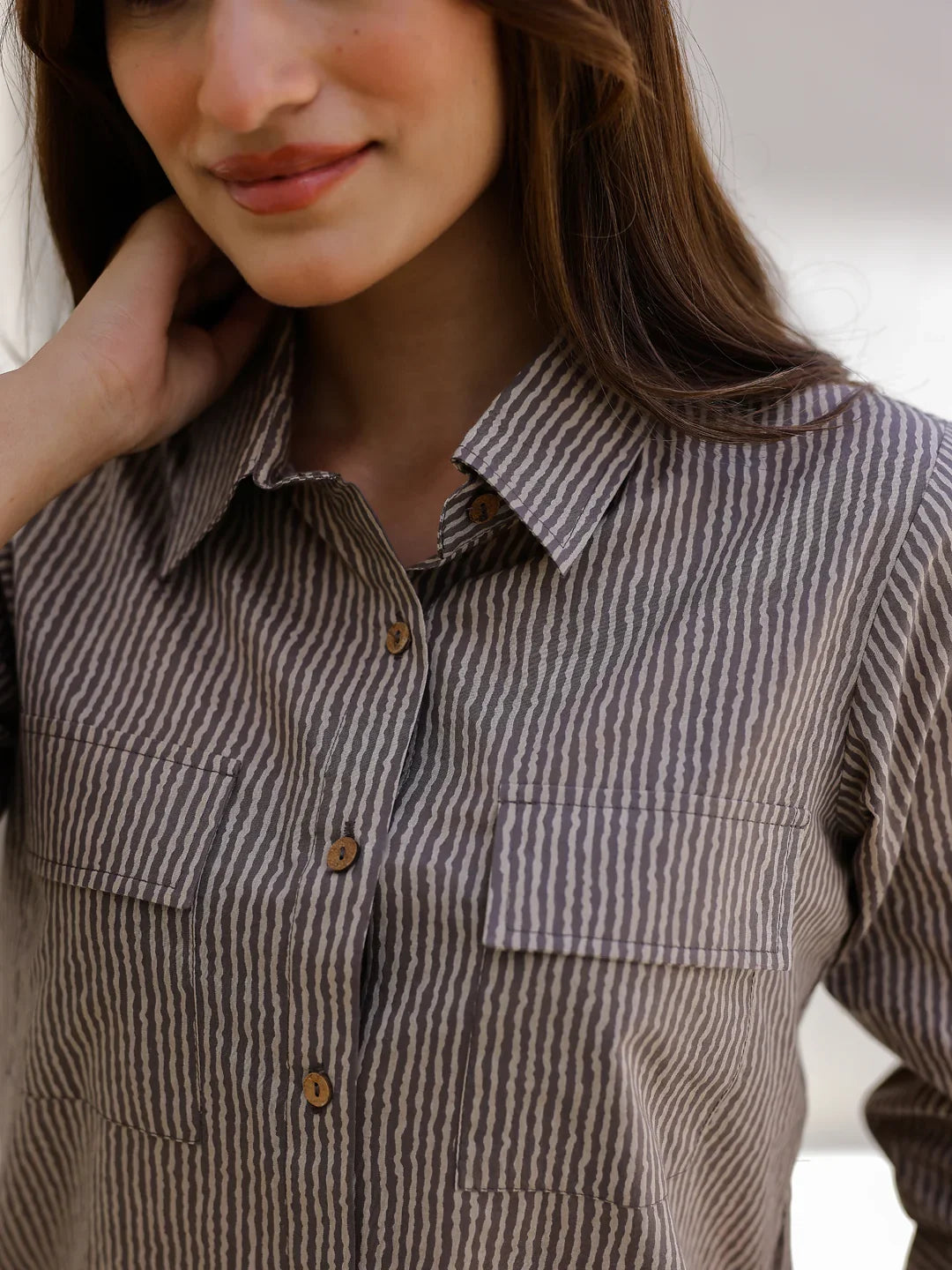 Beige Stripes Night Suit Set for Women - SanskrutiHomes