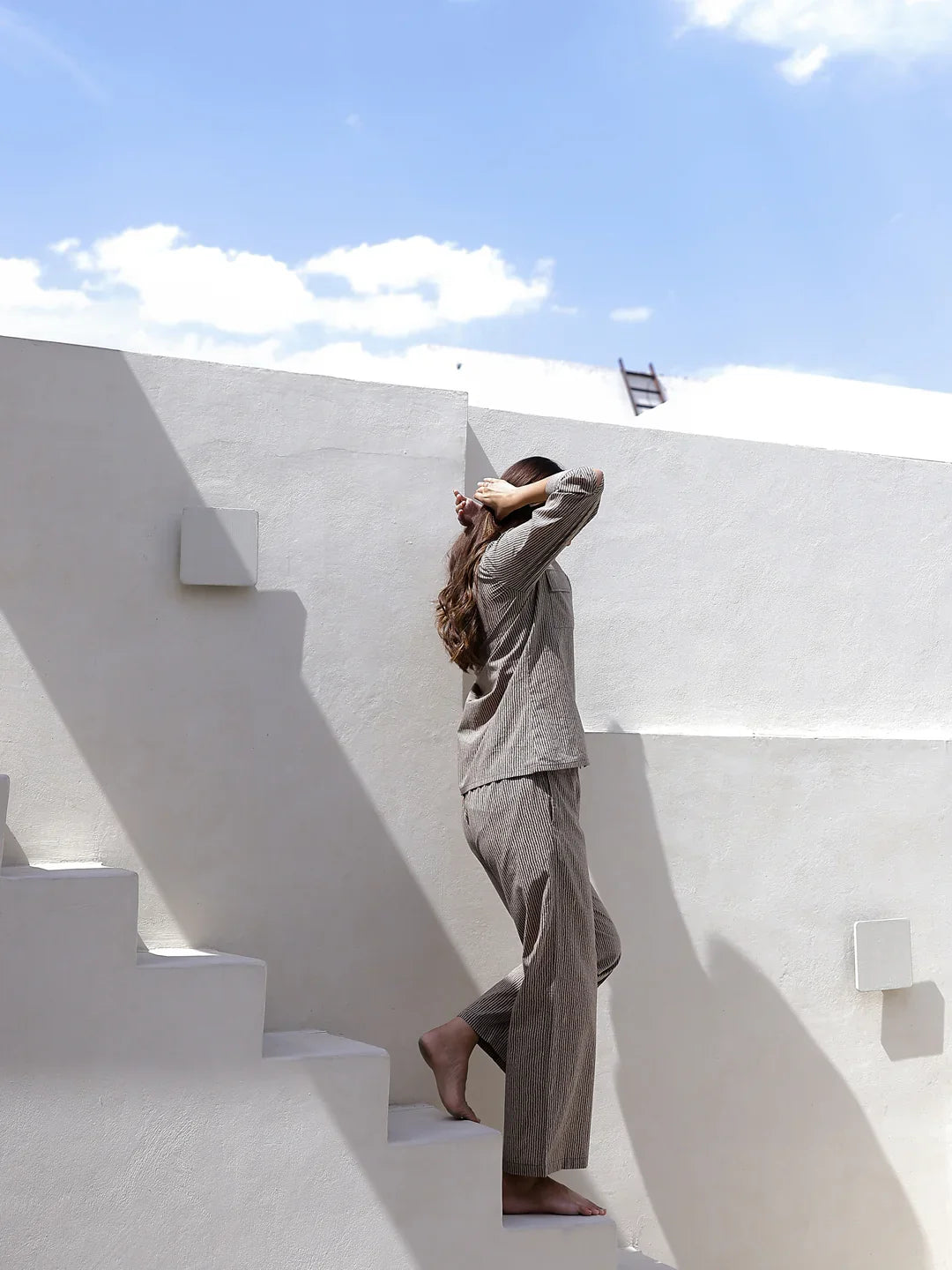 Beige Stripes Night Suit Set for Women - SanskrutiHomes