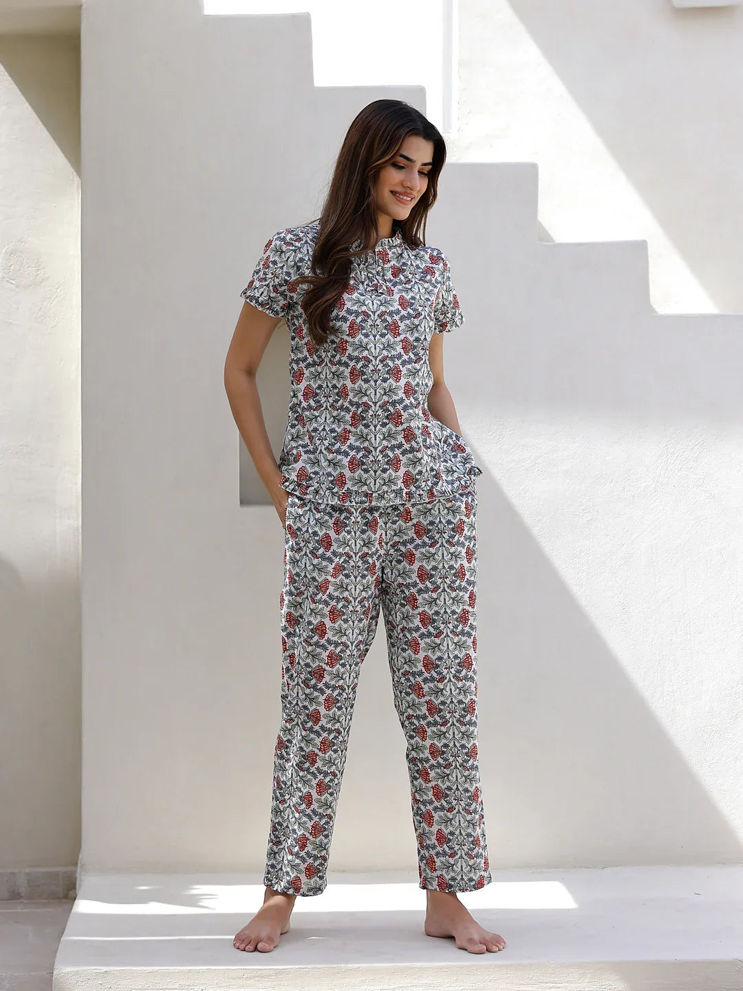 Floral Printed Pure Cotton Night Suit for Women - SanskrutiHomes