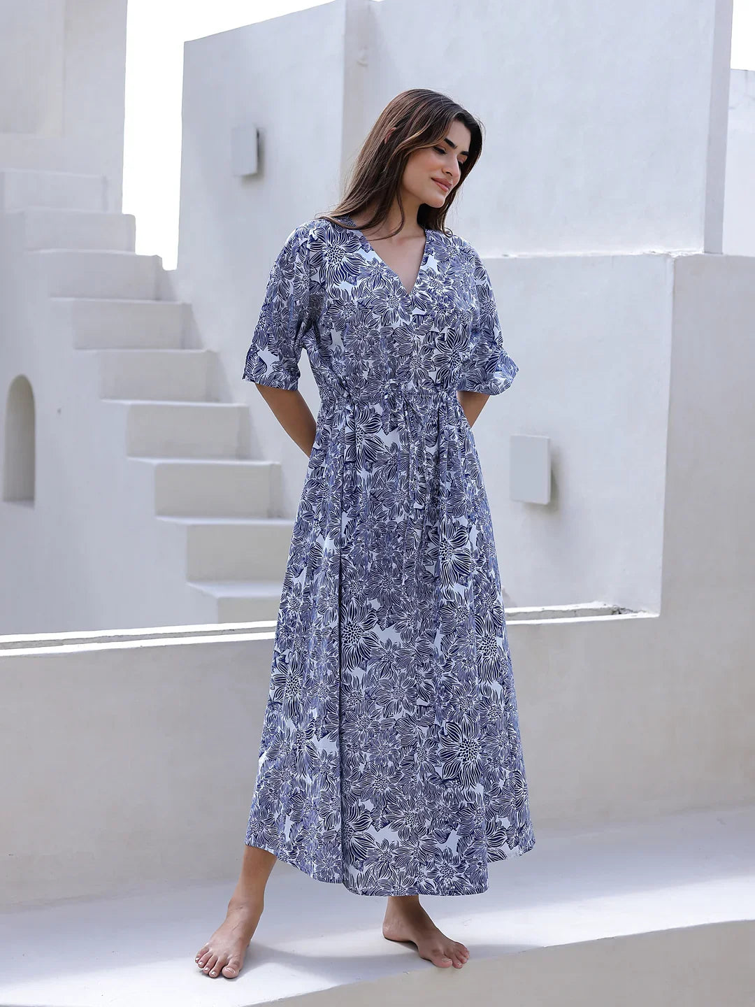 Blue Cotton Nightdress for Women - SanskrutiHomes