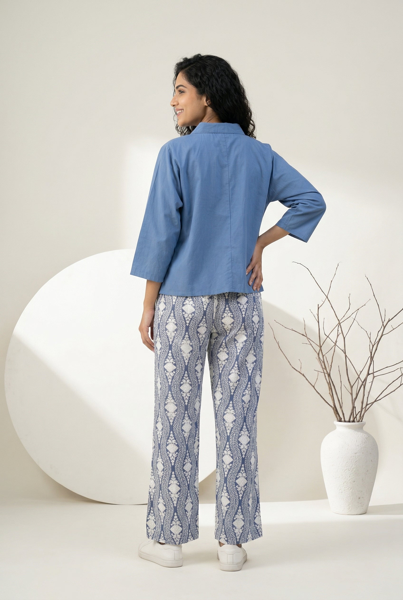 Blue Solid Shirt Collar Pure Cotton Night Suit Set For Women