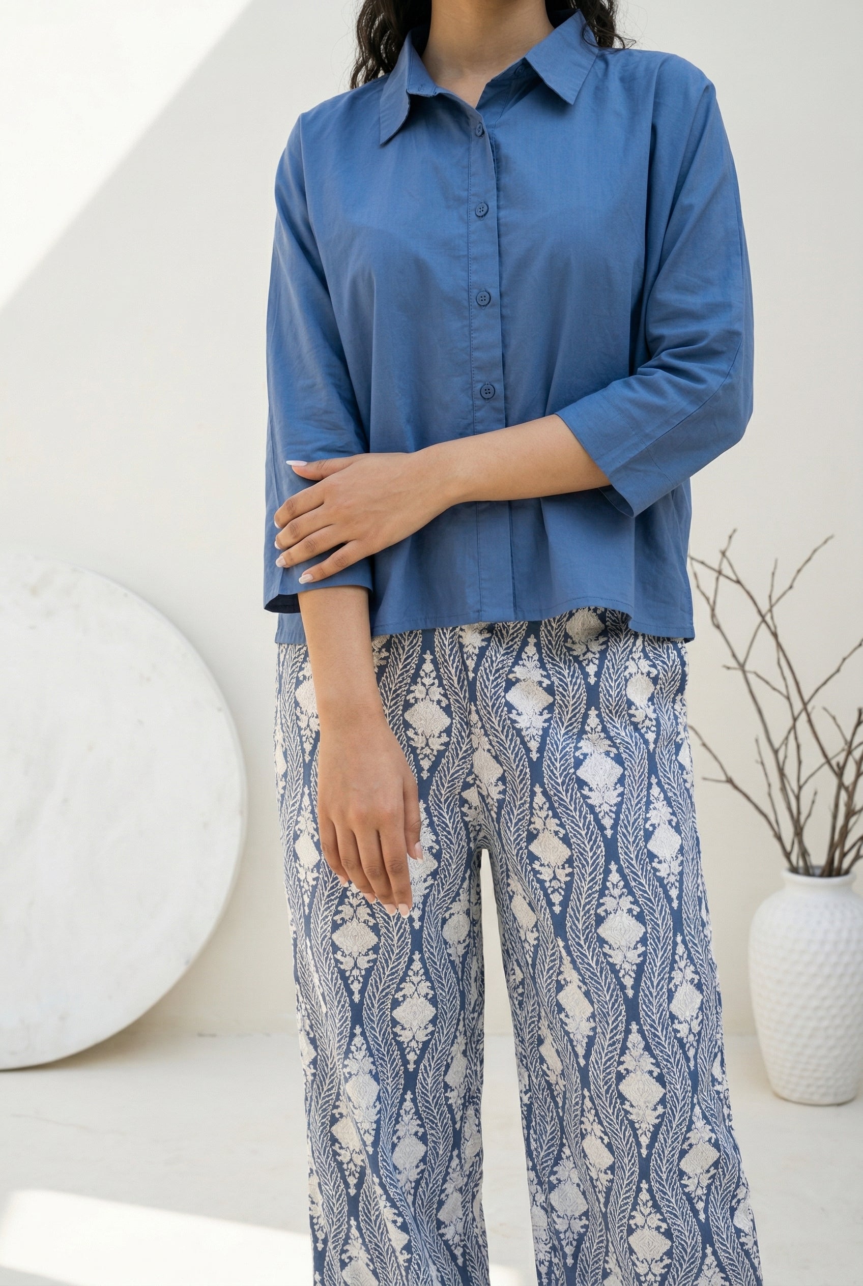 Blue Solid Shirt Collar Pure Cotton Night Suit Set For Women
