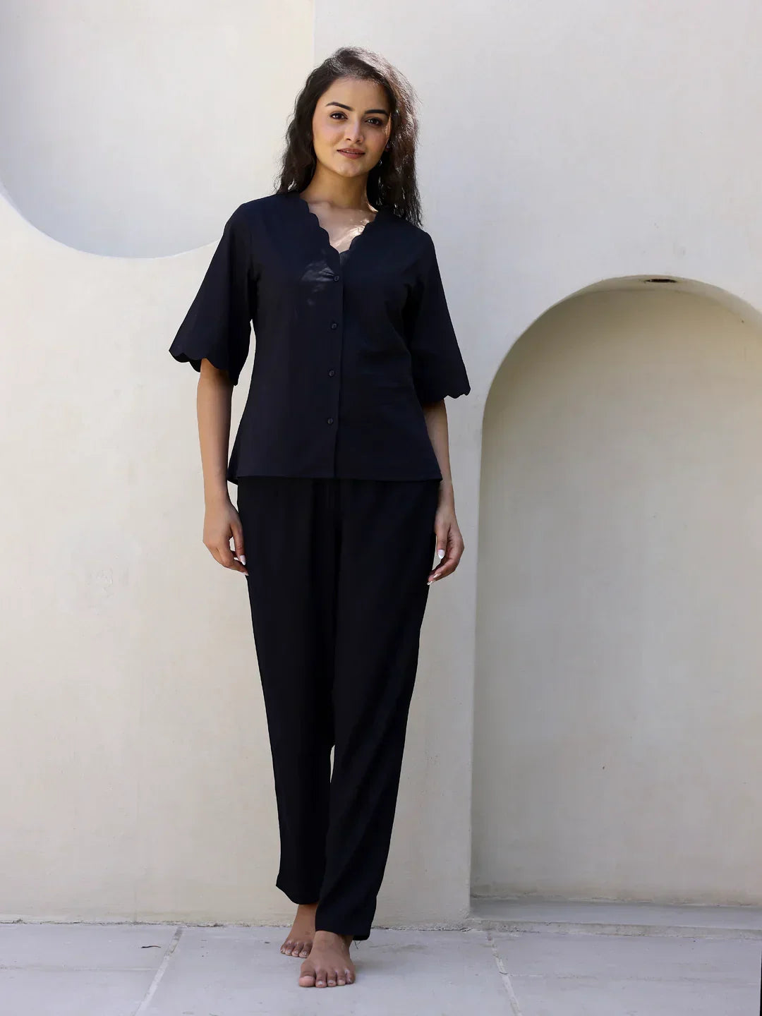 Black Cotton Night Suit with Pant - SanskrutiHomes
