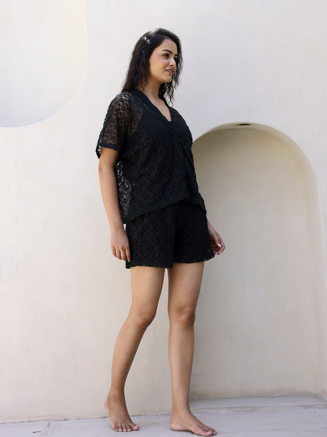 Black Net Shirts & Shorts Set