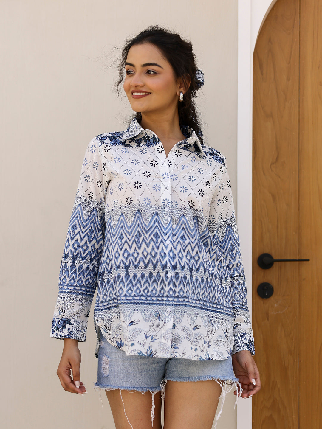 Pure Cotton Geometric Printed Shirt for Women