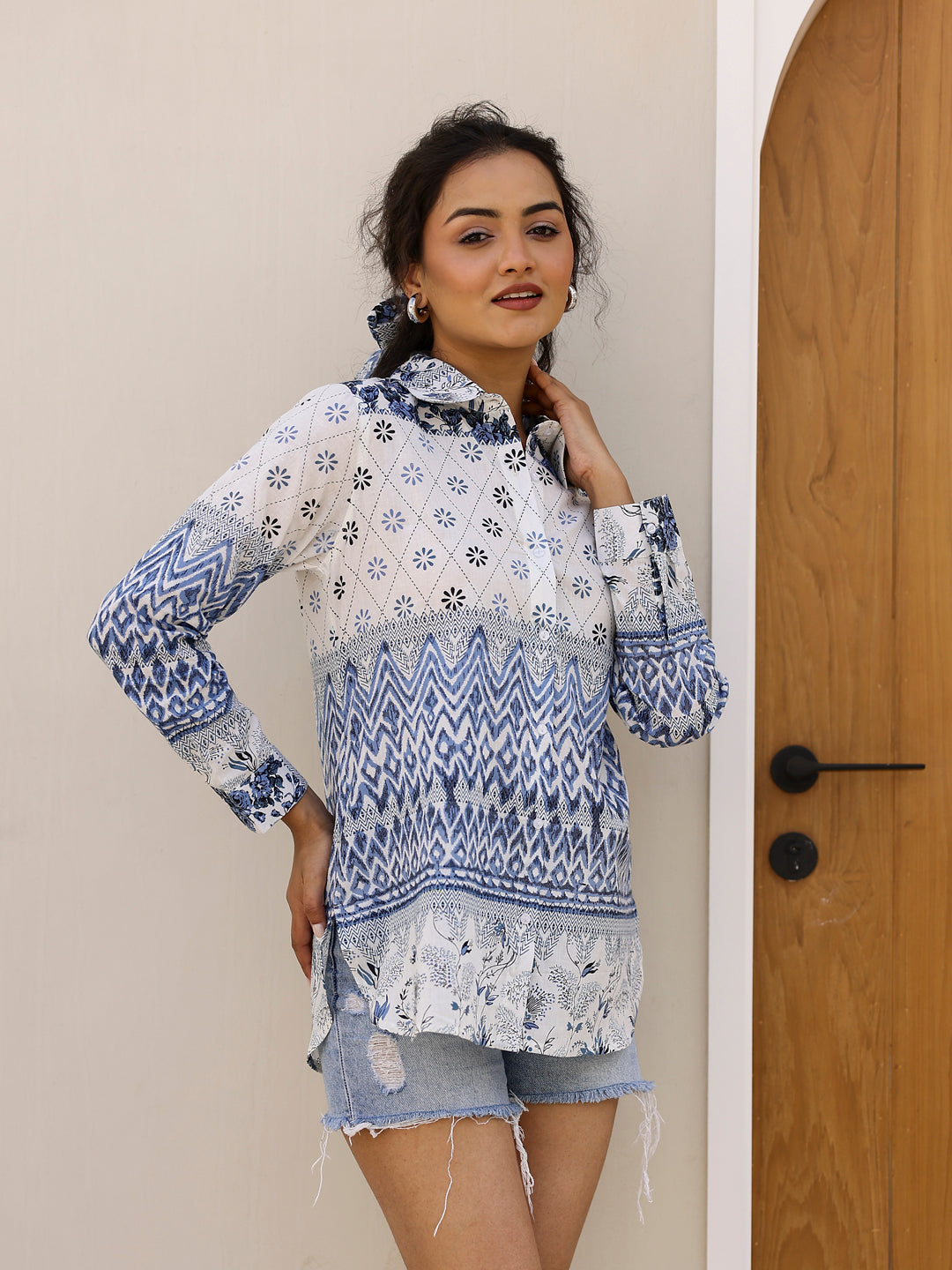 Pure Cotton Geometric Printed Shirt for Women